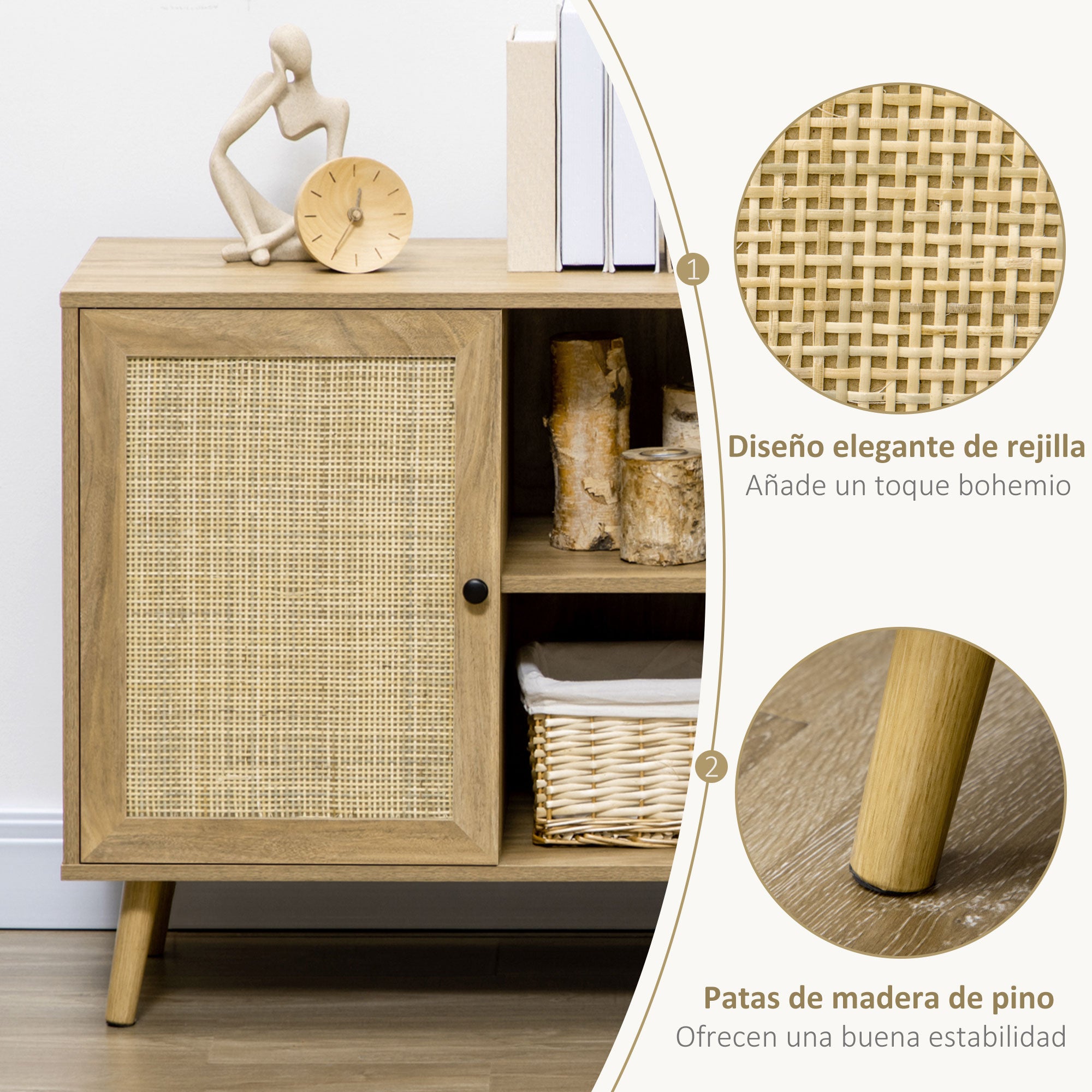 Kitchen Sideboard Buffet Cabinet with Rattan Door and 2 Storage Shelves for Dining Room 80x39x70 cm Natural