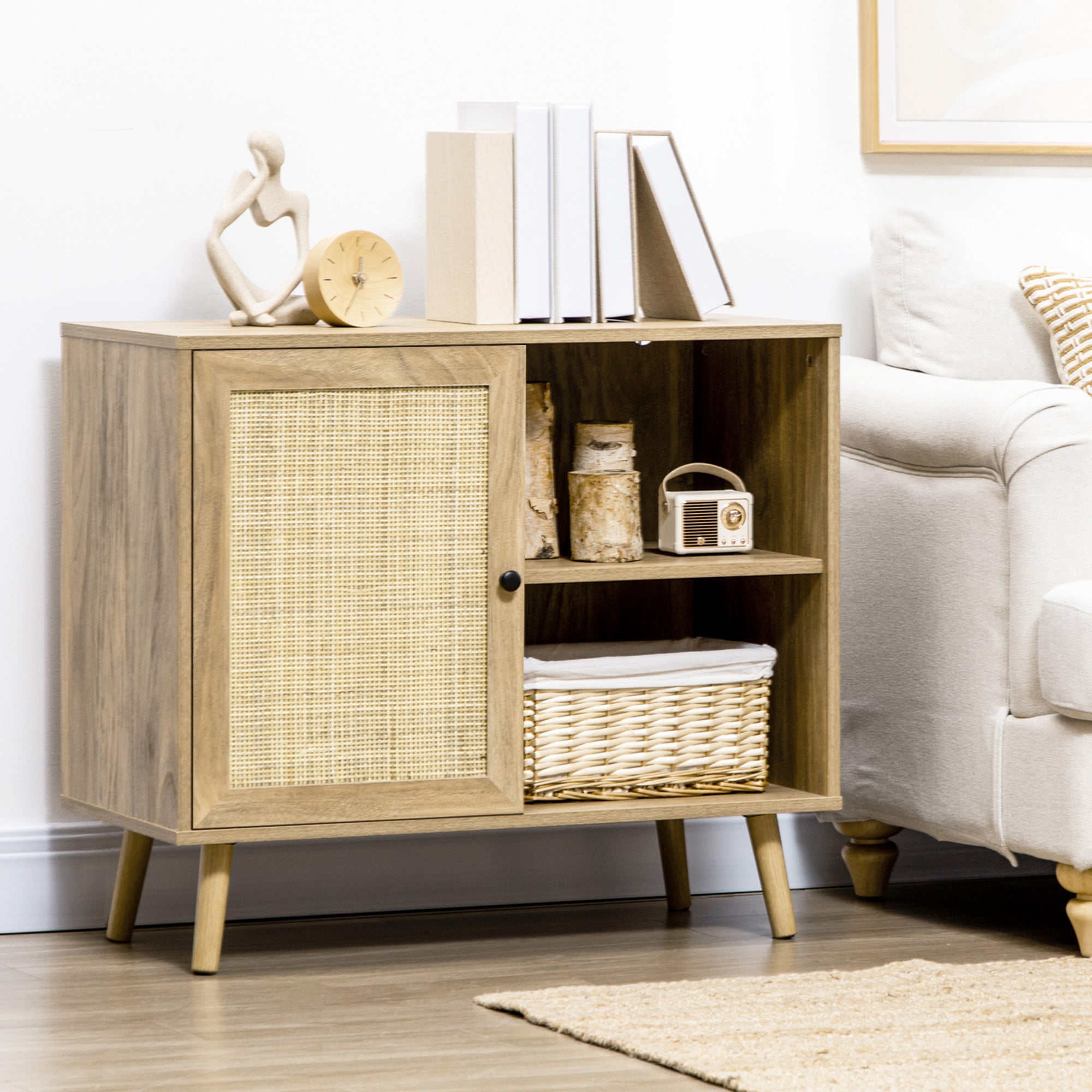 Kitchen Sideboard Buffet Cabinet with Rattan Door and 2 Storage Shelves for Dining Room 80x39x70 cm Natural