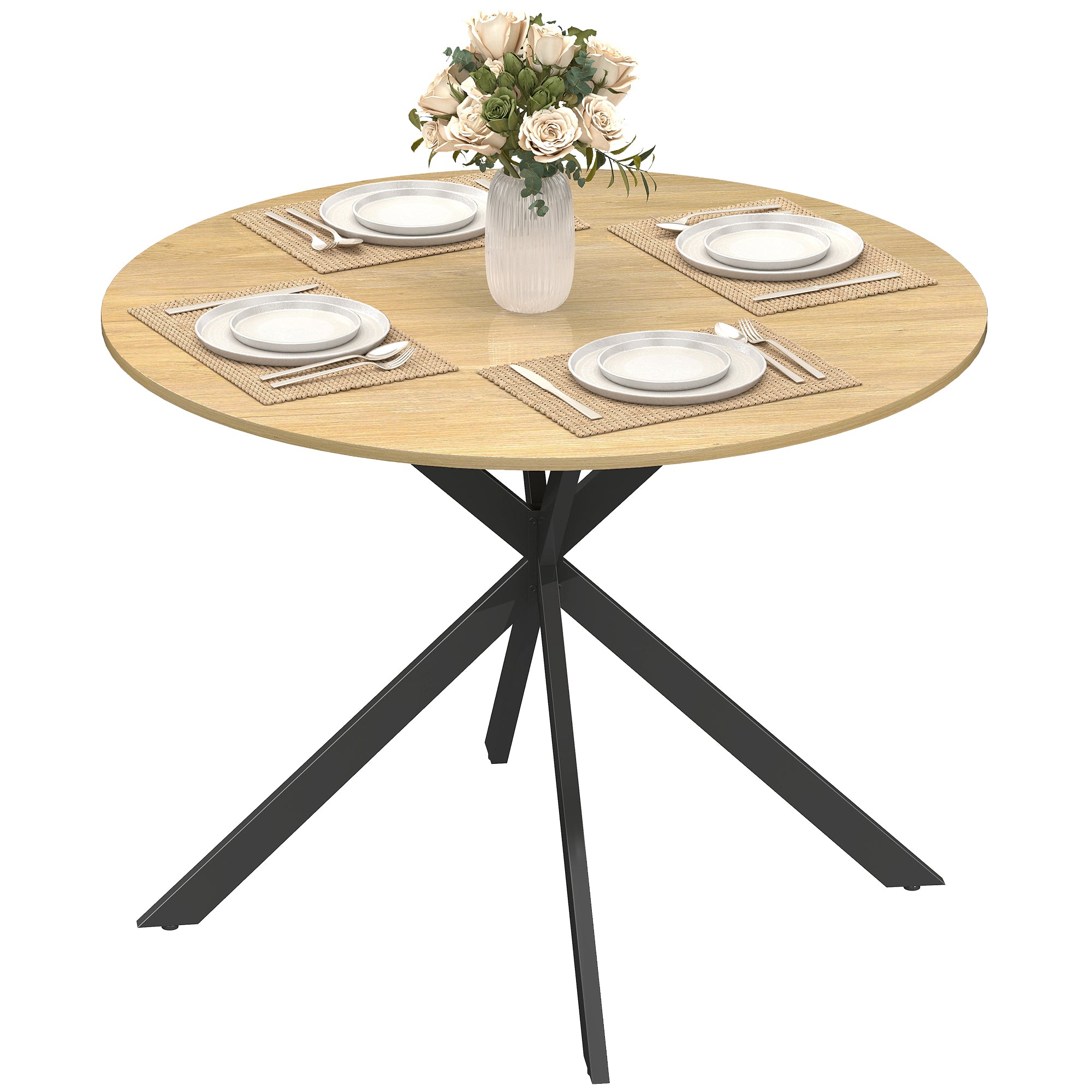 Round Dining Table for 4 — 39.4" Oak Top with Black Steel X-Legs, for Dining Room, Kitchen or Home Office
