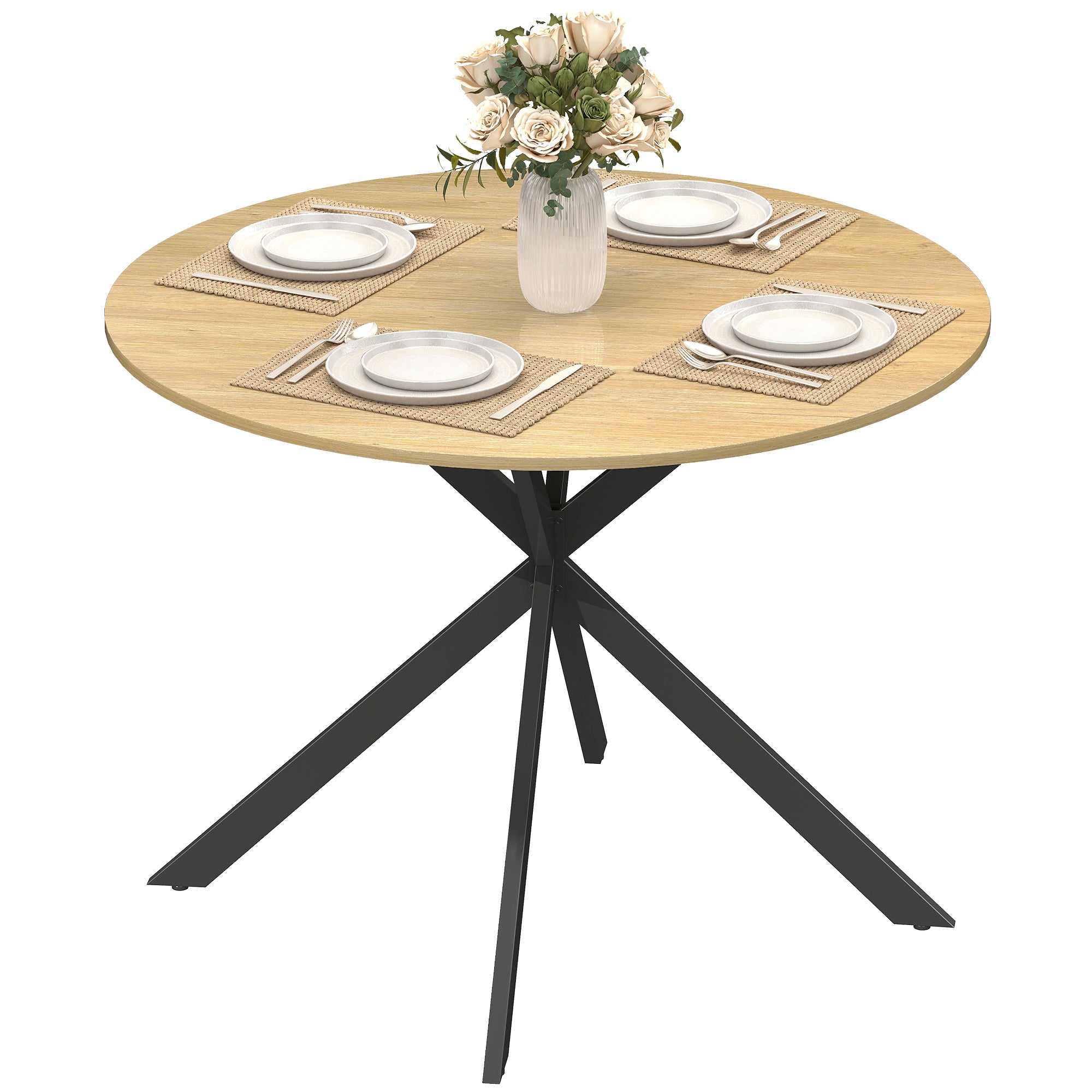 Round Dining Table for 4 — 39.4" Oak Top with Black Steel X-Legs, for Dining Room, Kitchen or Home Office