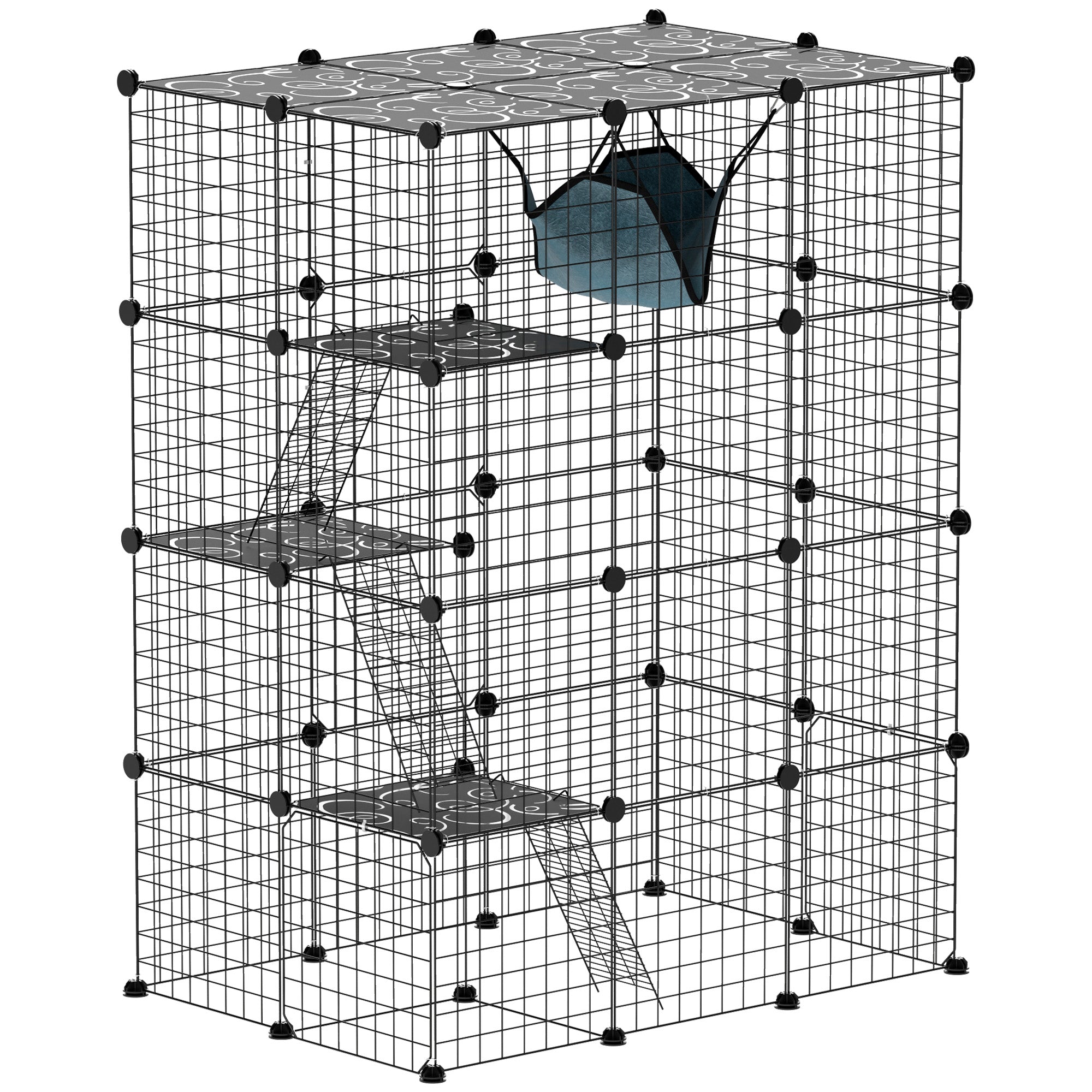 Pet Fence, Indoor Rabbit Enclosure, 4 Levels, Modular Enclosure for Small Animals, Rabbits, Wire Panels, 105 x 70 x 140 cm, Black