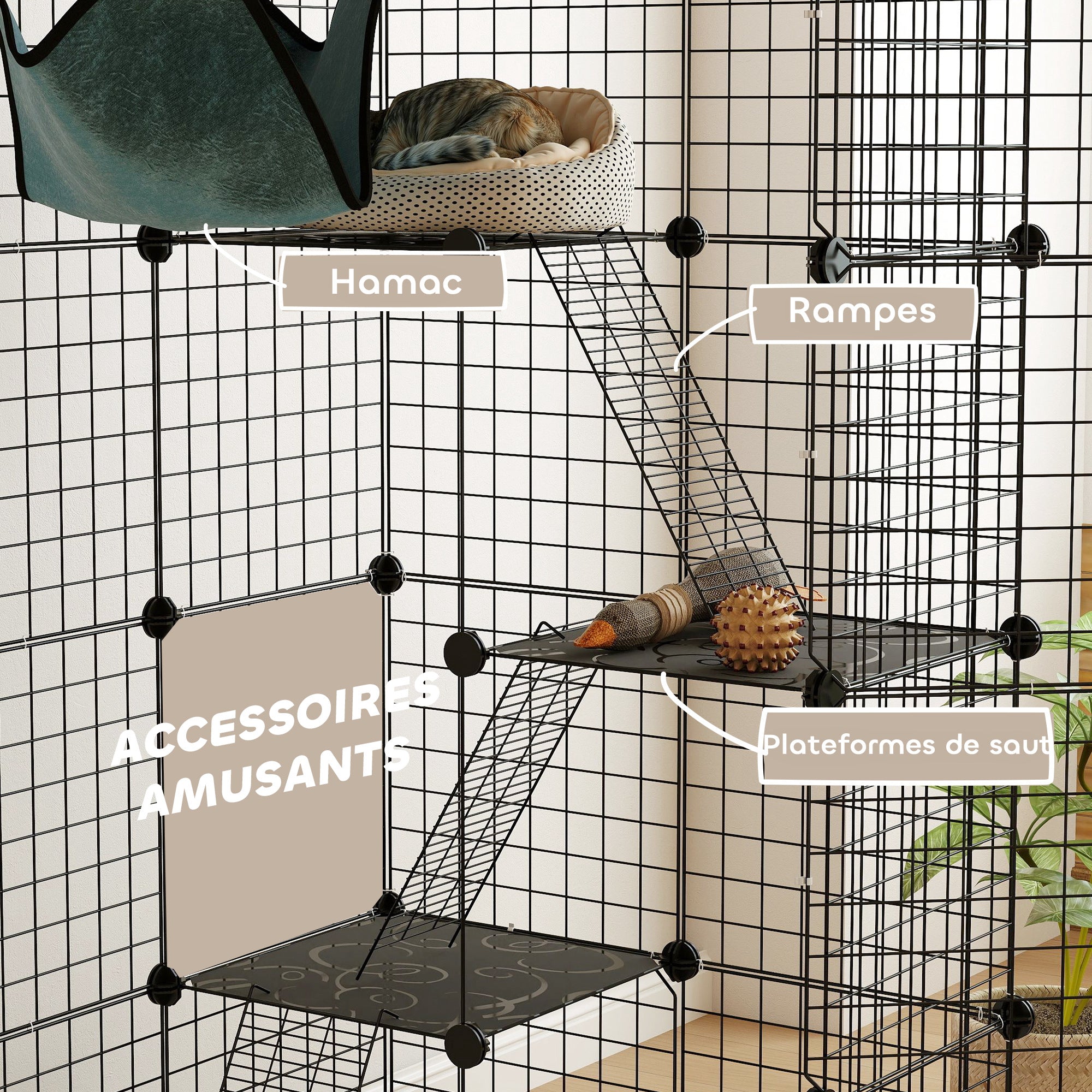 Pet Fence, Indoor Rabbit Enclosure, 4 Levels, Modular Enclosure for Small Animals, Rabbits, Wire Panels, 105 x 70 x 140 cm, Black