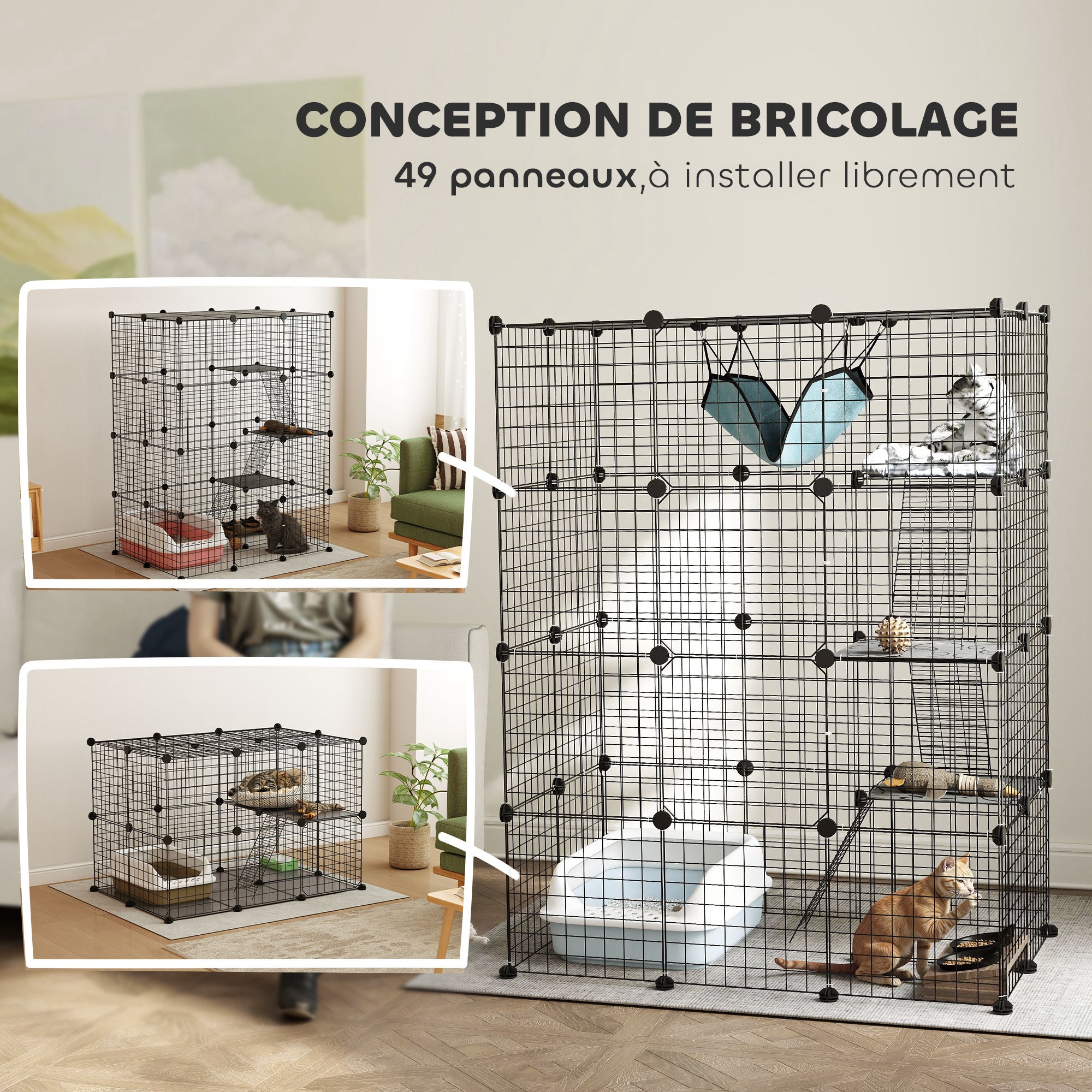 Pet Fence, Indoor Rabbit Enclosure, 4 Levels, Modular Enclosure for Small Animals, Rabbits, Wire Panels, 105 x 70 x 140 cm, Black