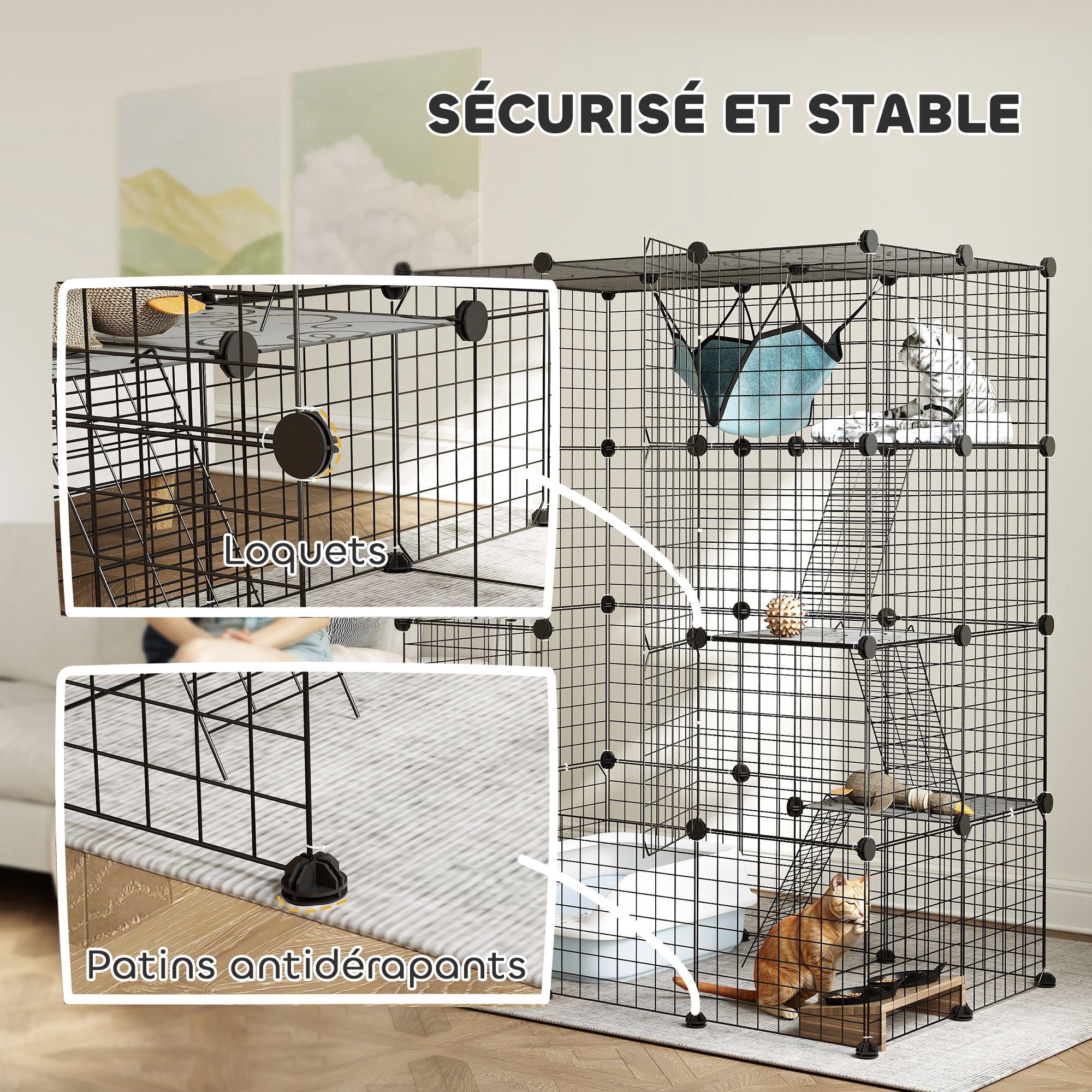 Pet Fence, Indoor Rabbit Enclosure, 4 Levels, Modular Enclosure for Small Animals, Rabbits, Wire Panels, 105 x 70 x 140 cm, Black