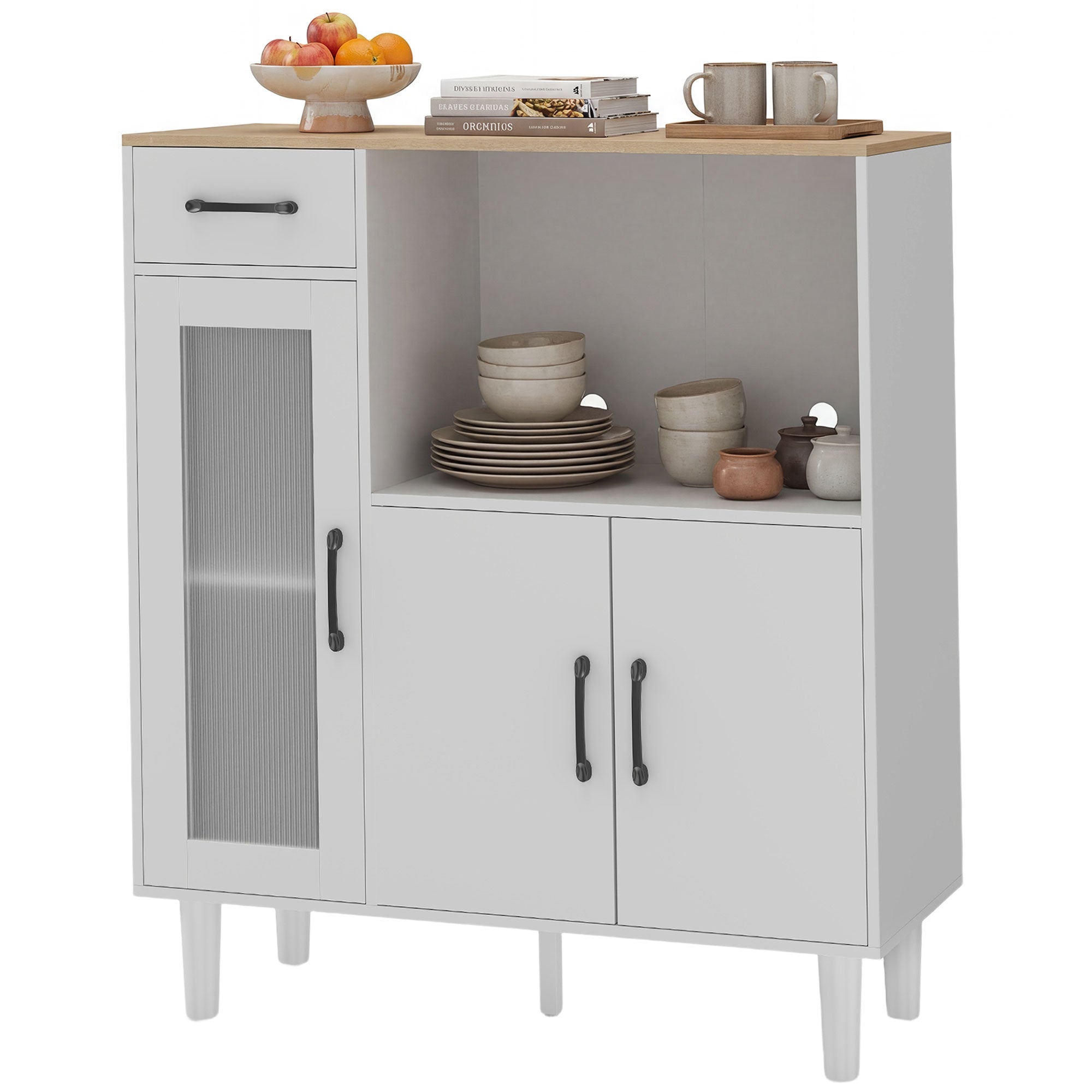 Sideboard Cabinet with Drawer, 2 Doors & Open Shelf, Ribbed Acrylic Door – White & Oak, 31.5 x 13.4 x 35.8 in