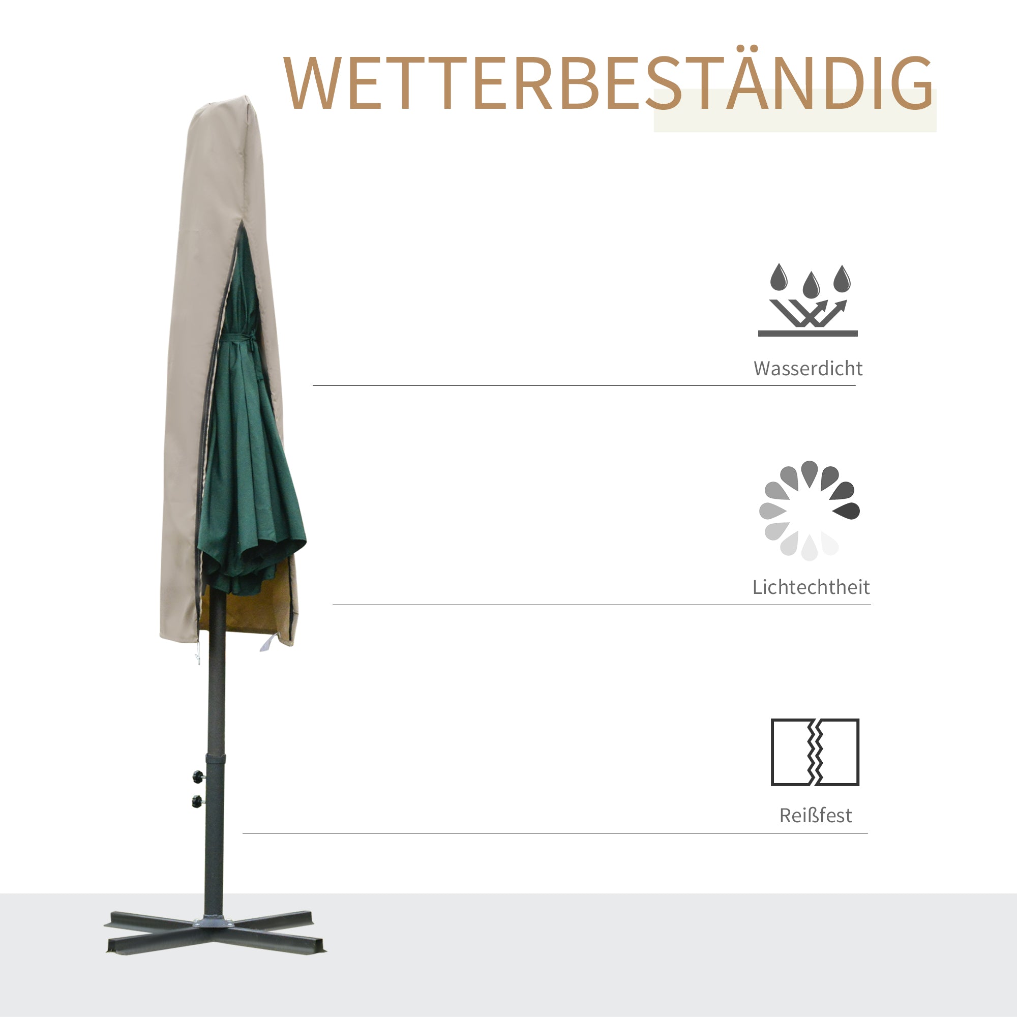 Umbrella Cover Weatherproof Windproof Drawstring Closure Easy Clean Outdoor for Cantilever Umbrella Ø60 x 160 cm Khaki