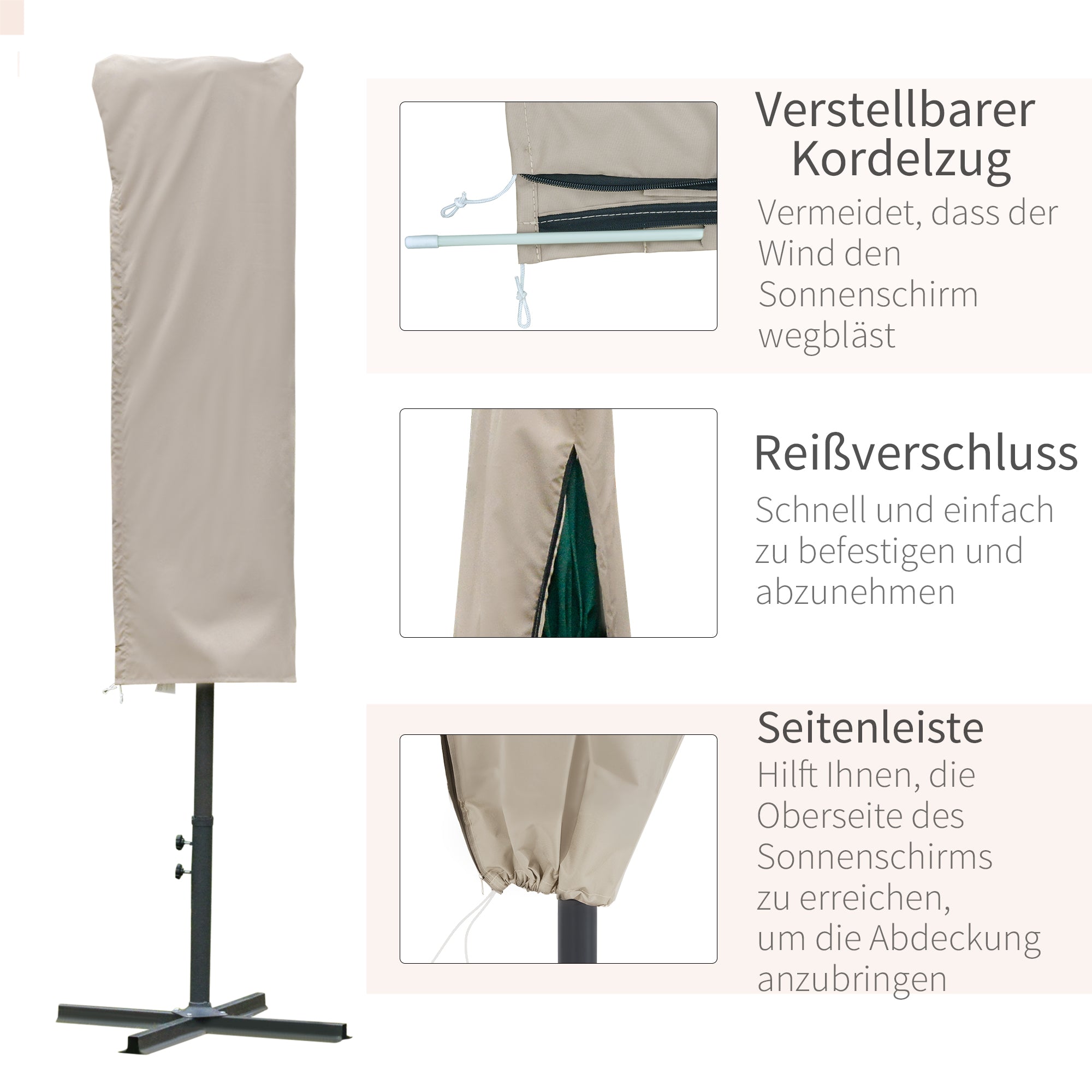 Umbrella Cover Weatherproof Windproof Drawstring Closure Easy Clean Outdoor for Cantilever Umbrella Ø60 x 160 cm Khaki