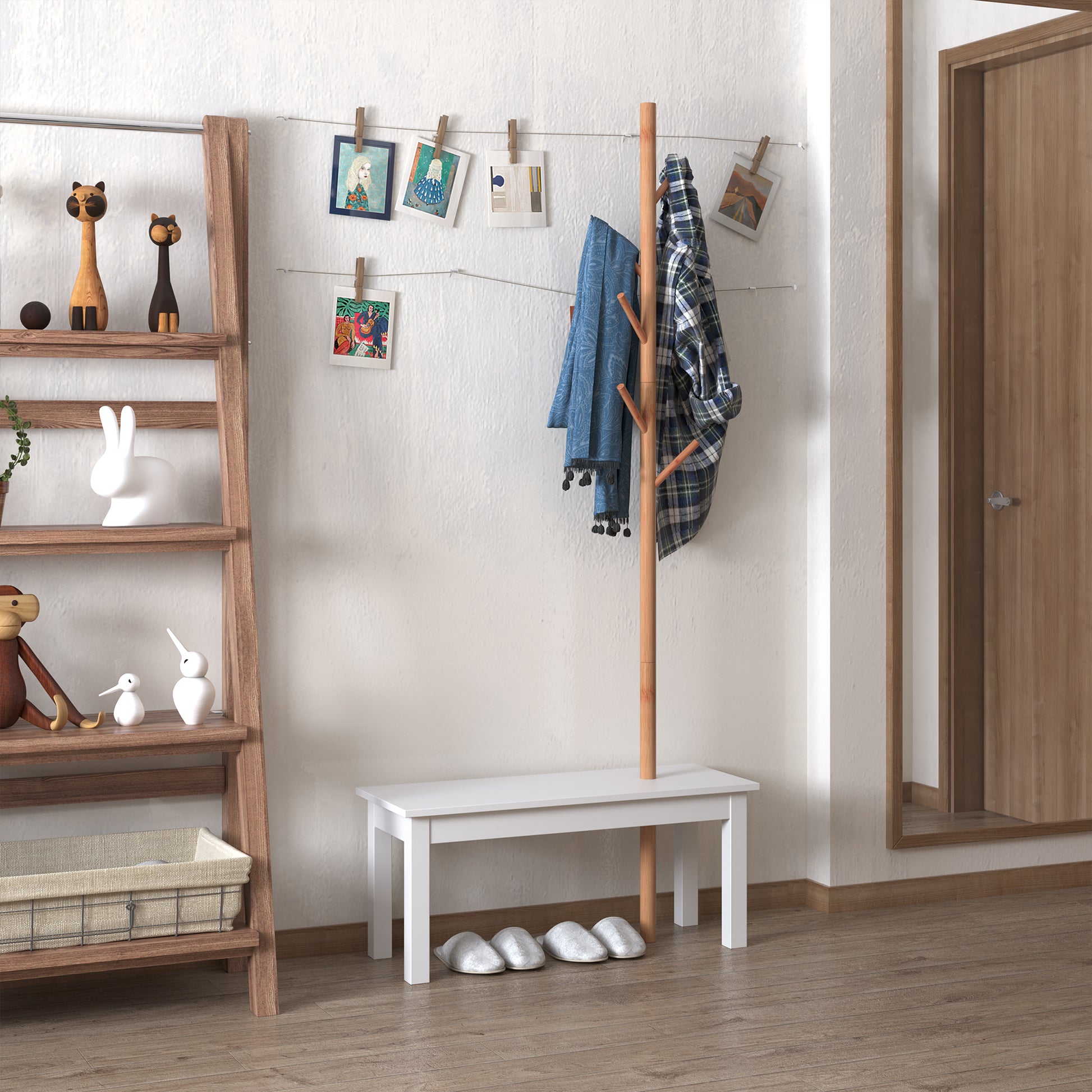Tree-Shaped Coat Rack with Bench Modern 6 Hooks for Hanging Clothes Bag Hallway Entrance Bamboo and MDF 80x30x180cm