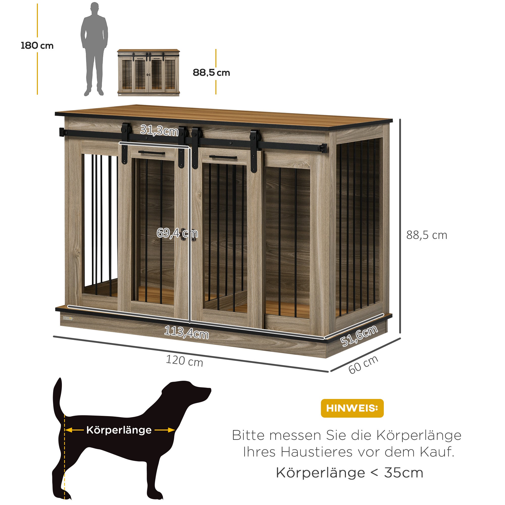 Dog Crate Furniture with Two-Room Option, 2 Doors Modern Metal Dog Crate for Indoor Home, Indoor Dog House for Large Dogs up to 30 kg, 120 x 60 x 88.5 cm Oak
