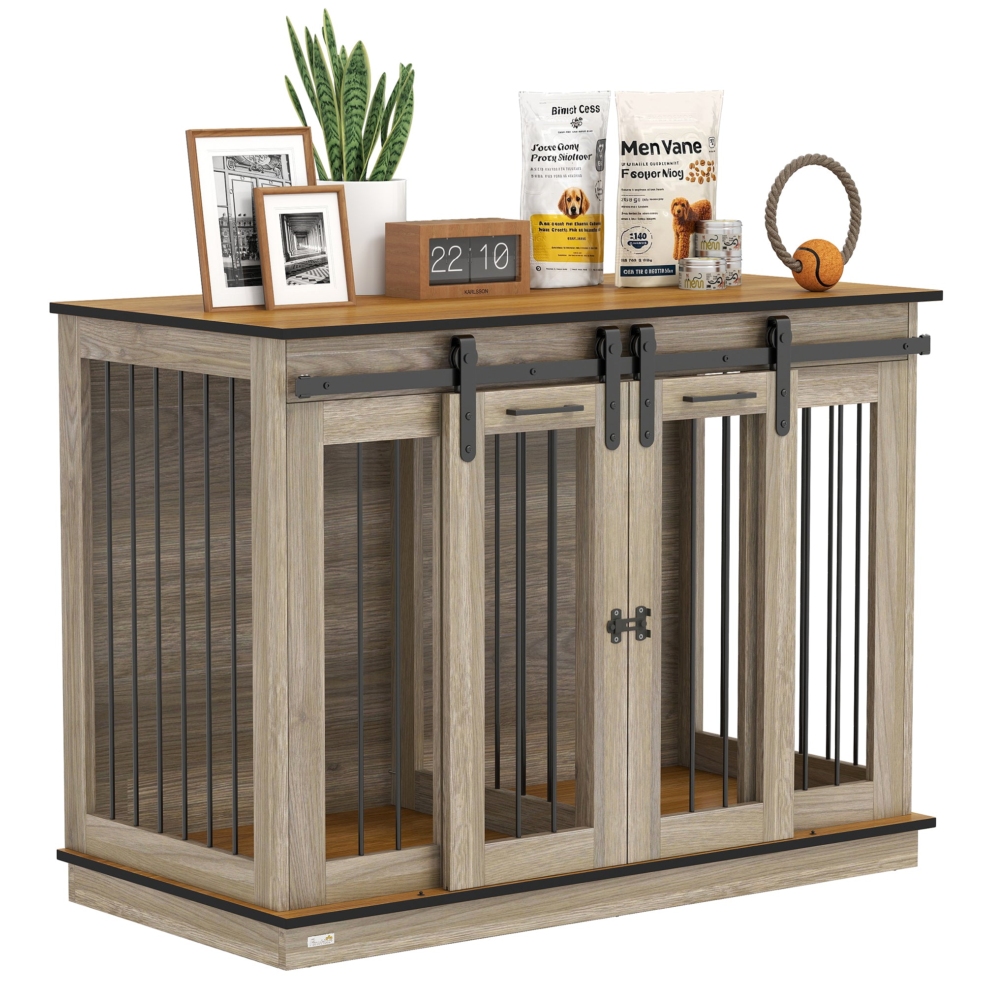 Dog Crate Furniture with Two-Room Option, 2 Doors Modern Metal Dog Crate for Indoor Home, Indoor Dog House for Large Dogs up to 30 kg, 120 x 60 x 88.5 cm Oak