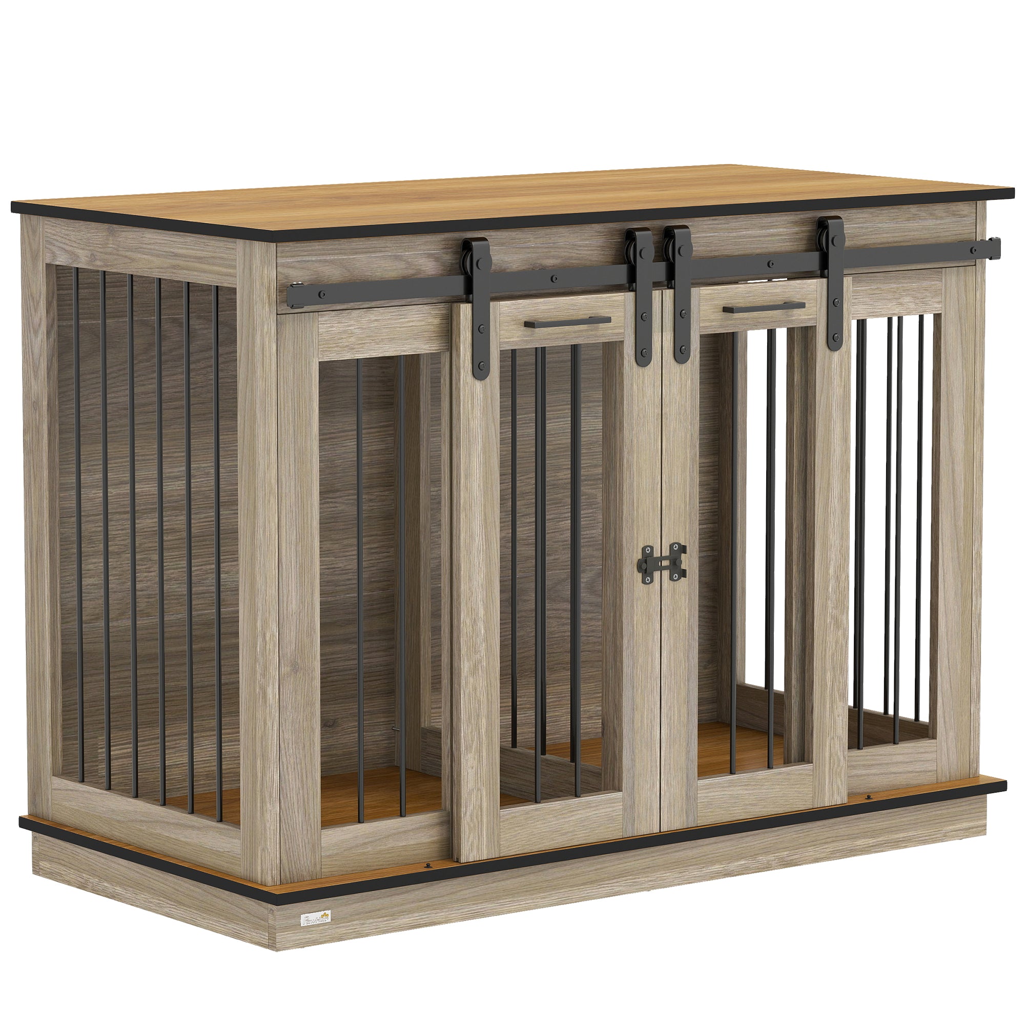 Dog Crate Furniture with Two-Room Option, 2 Doors Modern Metal Dog Crate for Indoor Home, Indoor Dog House for Large Dogs up to 30 kg, 120 x 60 x 88.5 cm Oak