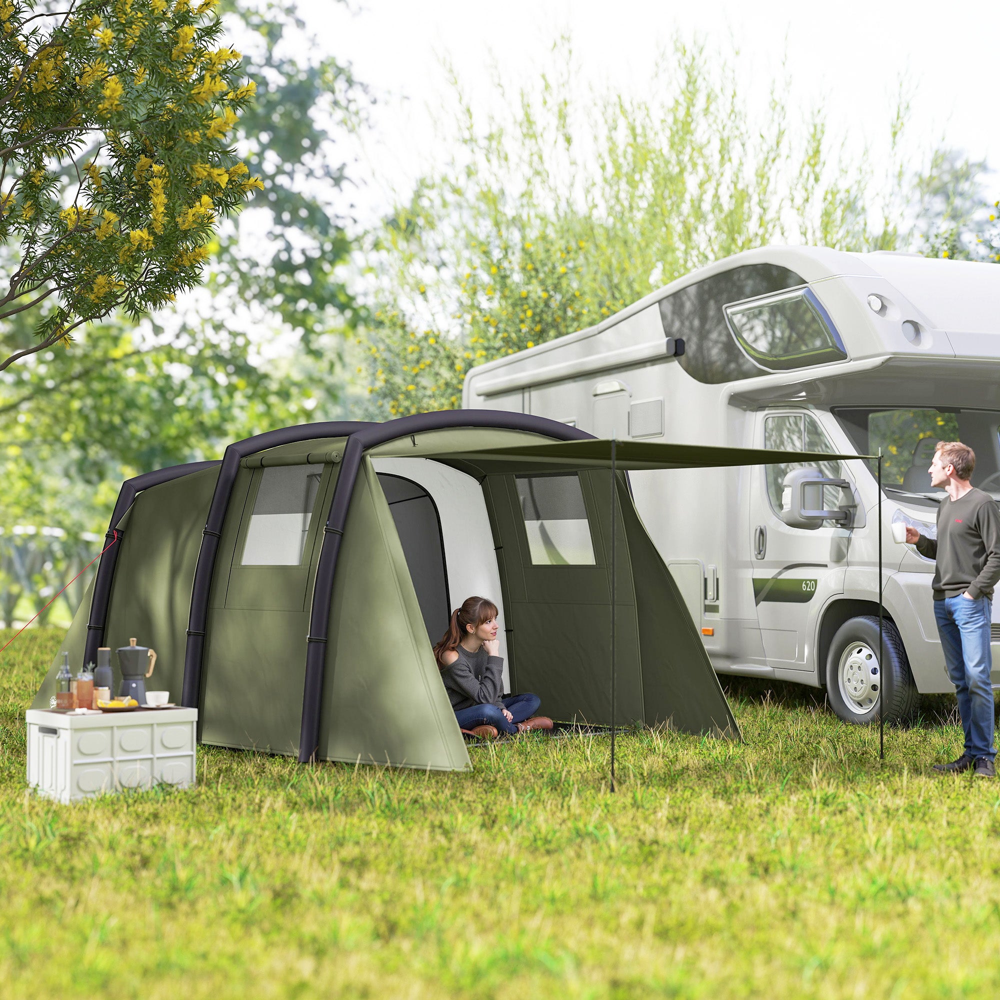 Inflatable Family Tunnel Tent for 3–6 People — Glamping Tent with Vestibule, Mesh Windows, Carry Bag, UPF50+ UV Protection, Waterproof, Olive