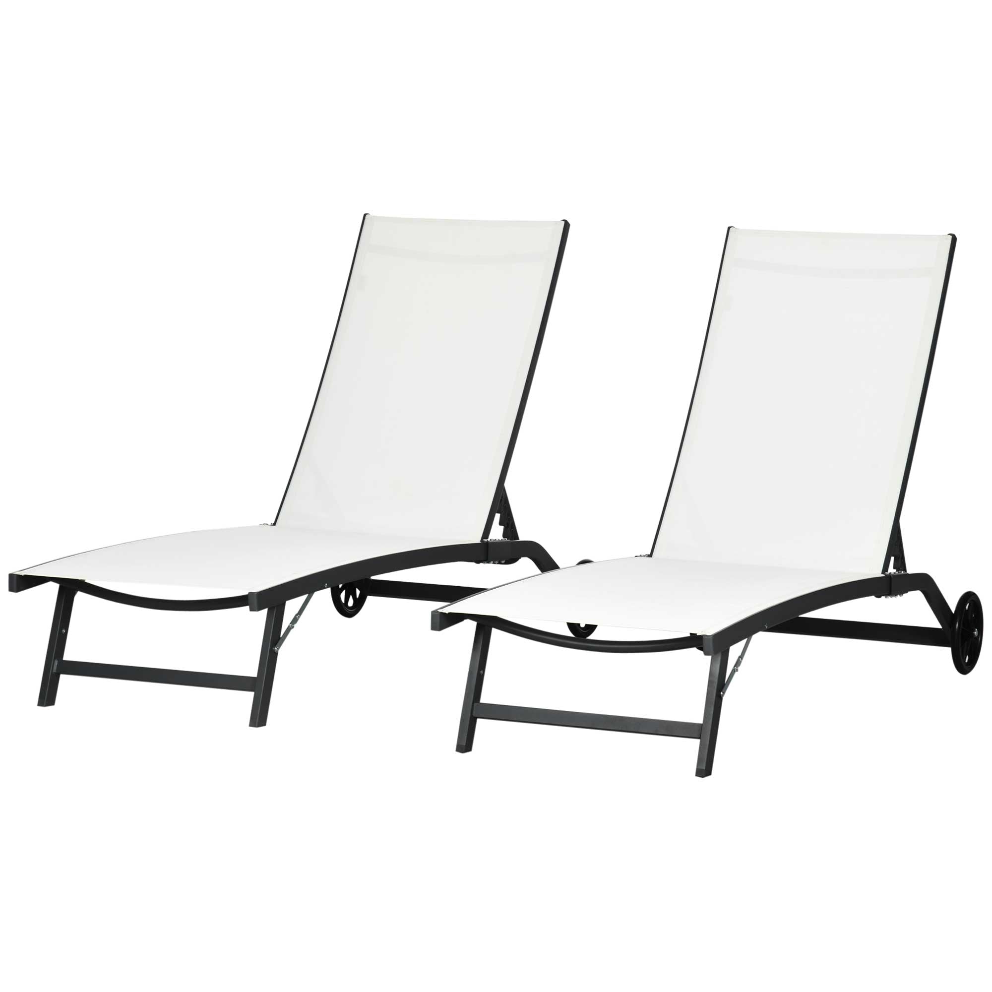 Set of 2 Garden Outdoor Loungers Reclining Aluminum Sun Loungers with 5-Level Adjustable Backrest and Wheels for Beach Pool 165x66x102 cm Matte White