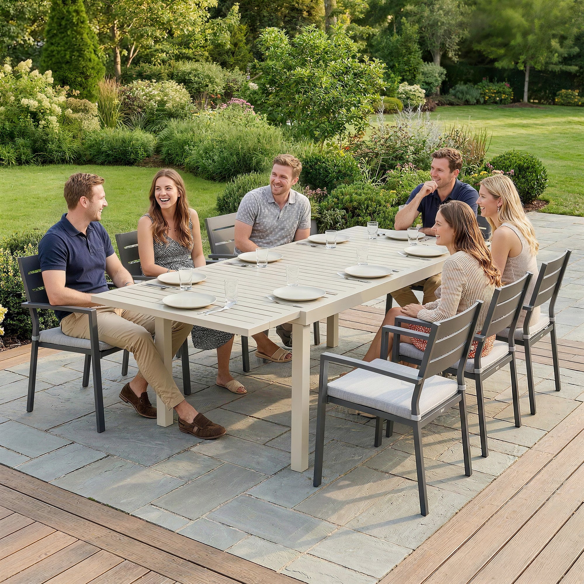 Extendable Garden Dining Table — 59.1/88.6 x 33.5 x 29.5 in (150/225 x 85 x 75 cm), Rectangular Aluminum Slatted Top, Seats 6–8, White