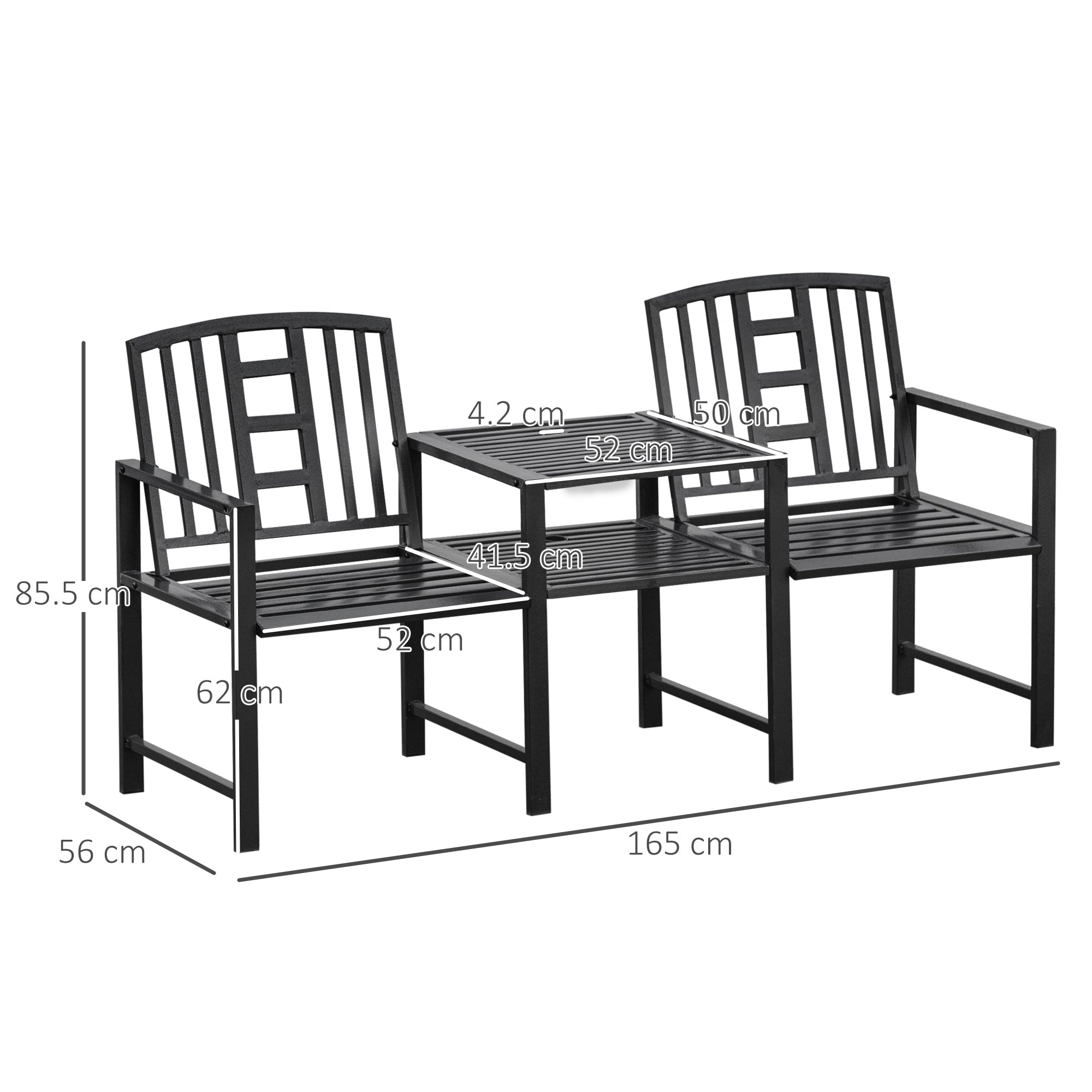 Modern 2-Seater Garden Bench with Table and Umbrella Hole Outdoor Furniture 165x56x85.5cm Black