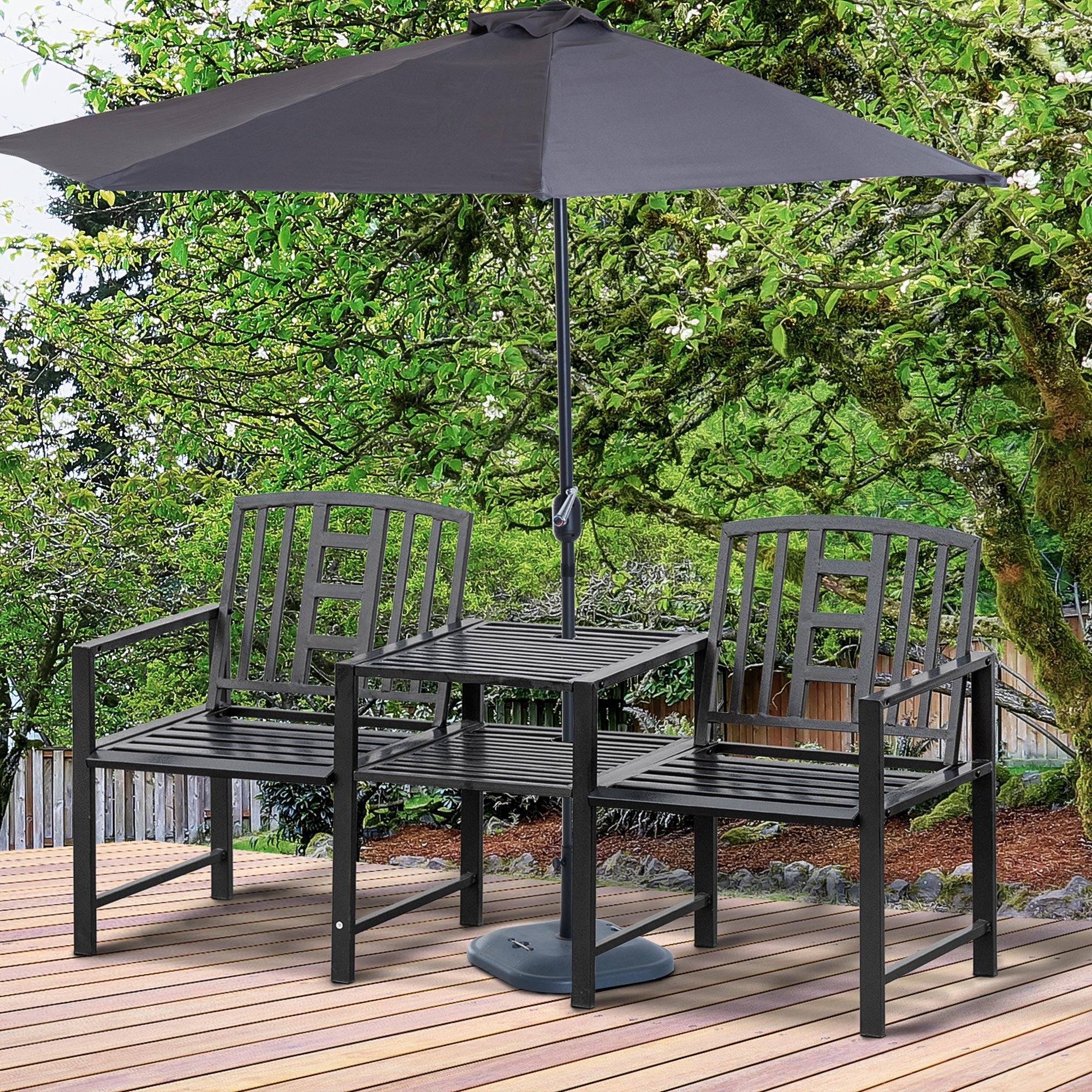 Modern 2-Seater Garden Bench with Table and Umbrella Hole Outdoor Furniture 165x56x85.5cm Black