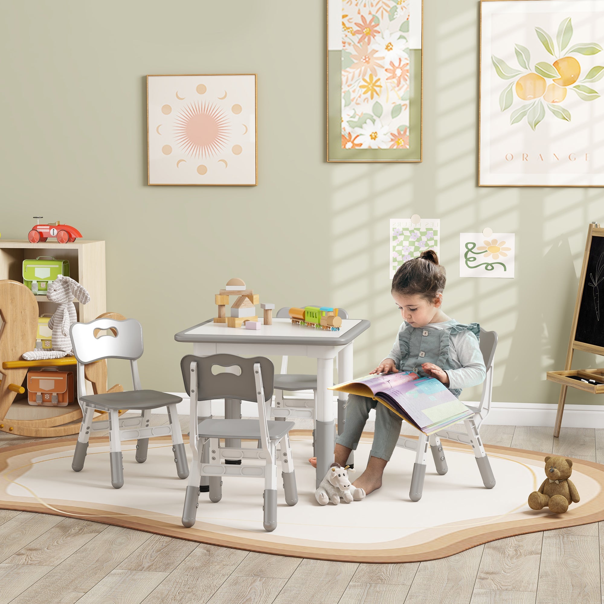 Children's Table and Chairs Set 18-60 Months, Space-Saving Design, Adjustable Height, Kids Table with Chalkboard for Playroom, in Wood and PP, for 4 Kids, Gray