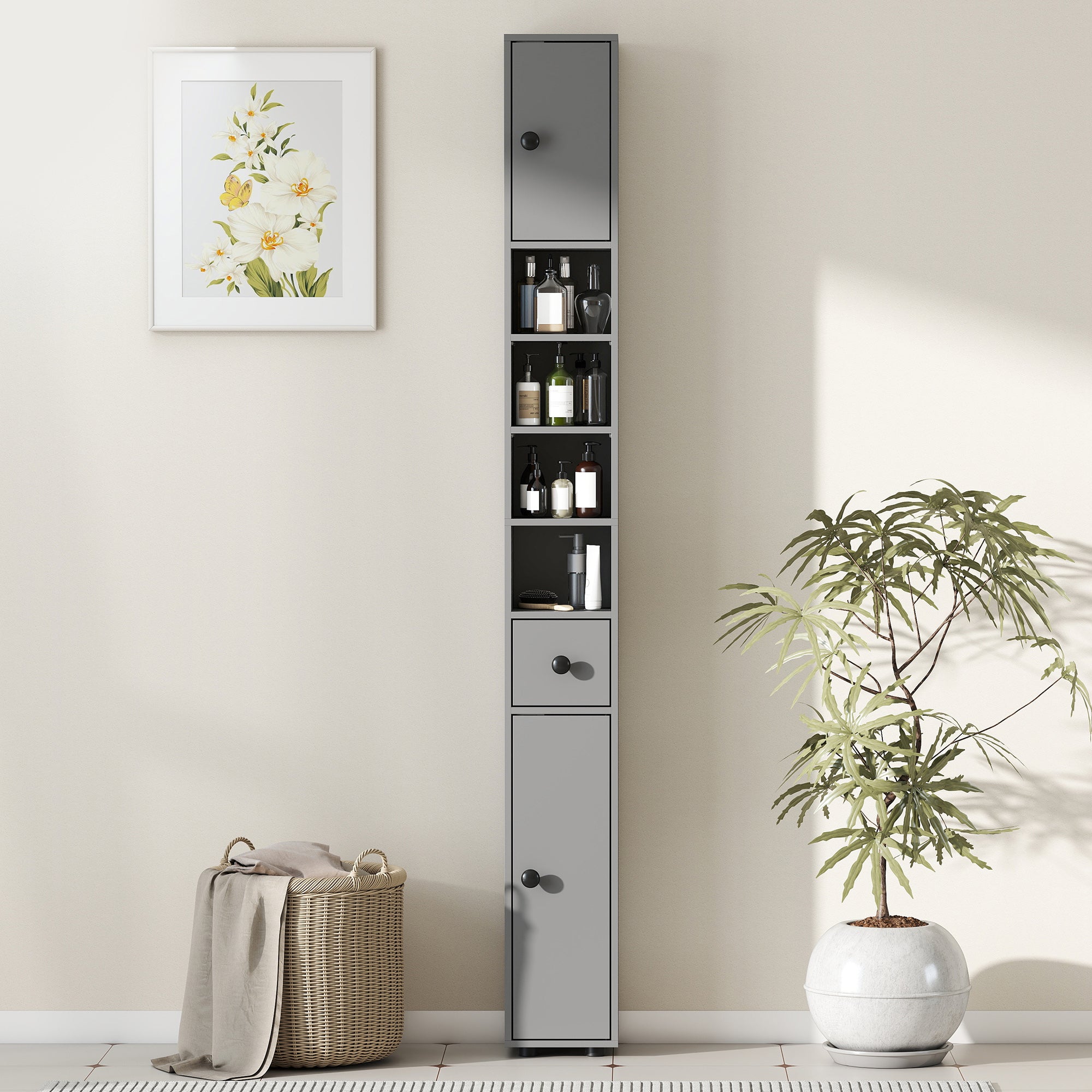 Slim Tall Bathroom Cabinet with Drawer & 4 Open Shelves, Gray (7.9 x 7.9 x 70.9 in)