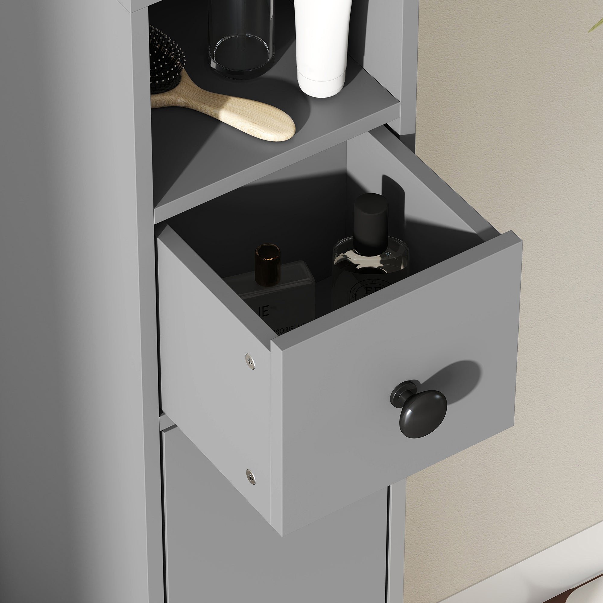 Slim Tall Bathroom Cabinet with Drawer & 4 Open Shelves, Gray (7.9 x 7.9 x 70.9 in)