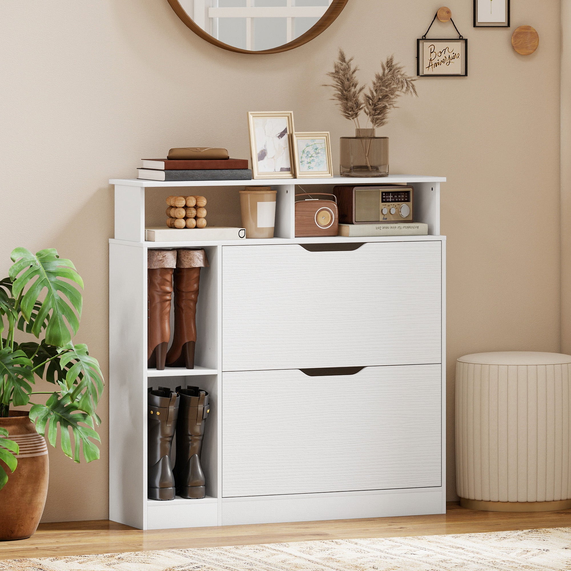 Narrow Shoe Cabinet with 2 Flip Drawers, Open Compartments & Adjustable Shelf, for Hallway & Entry, 35 x 9.8 x 36.2 in, White