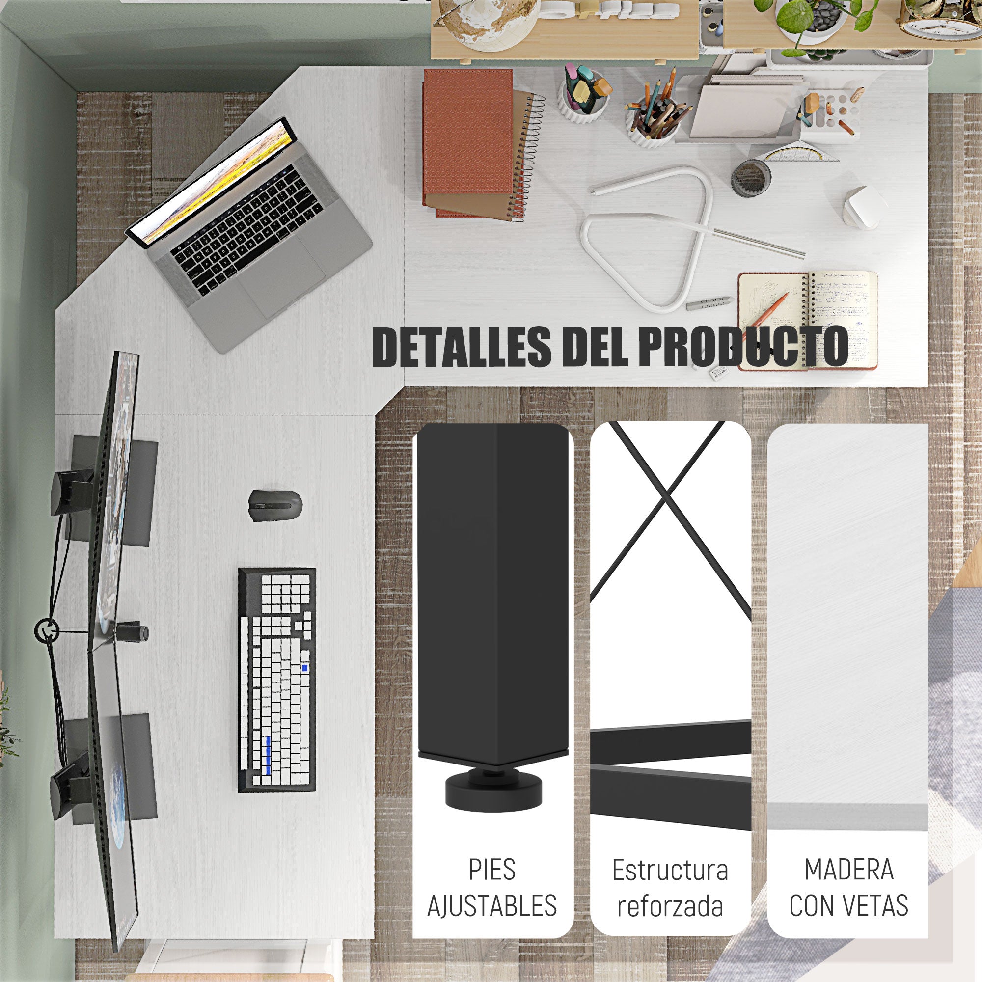 L-Shaped Desk Modern Corner Desk with Steel Frame Supports 70 kg for Office Home Study 150x150x76 cm White
