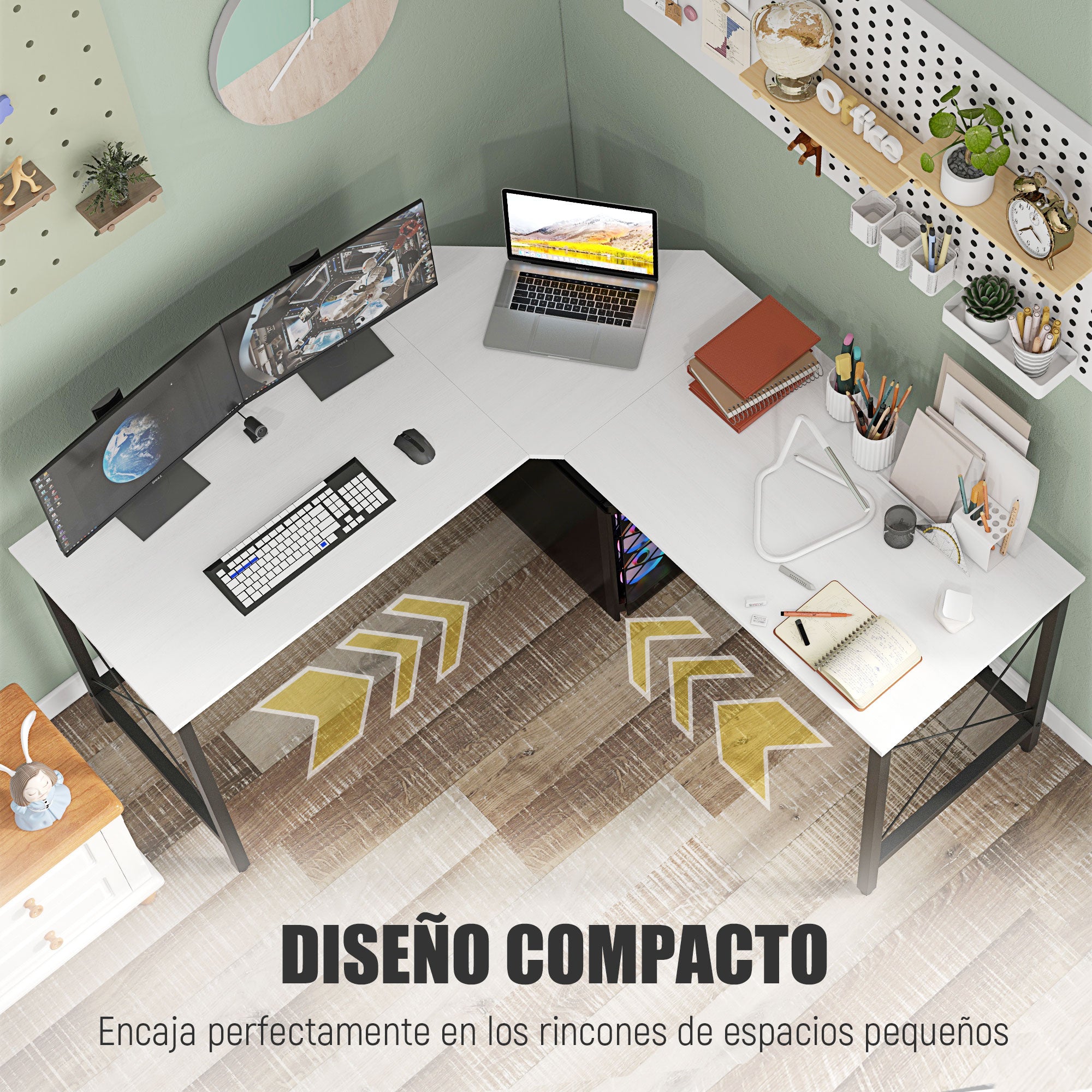 L-Shaped Desk Modern Corner Desk with Steel Frame Supports 70 kg for Office Home Study 150x150x76 cm White