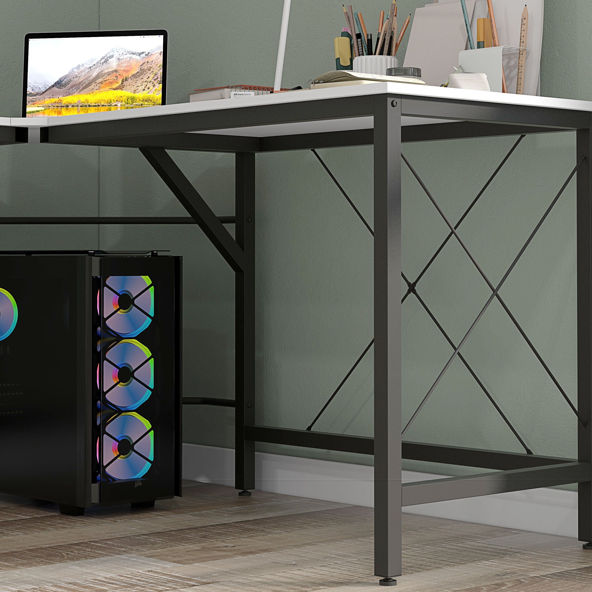 L-Shaped Desk Modern Corner Desk with Steel Frame Supports 70 kg for Office Home Study 150x150x76 cm White