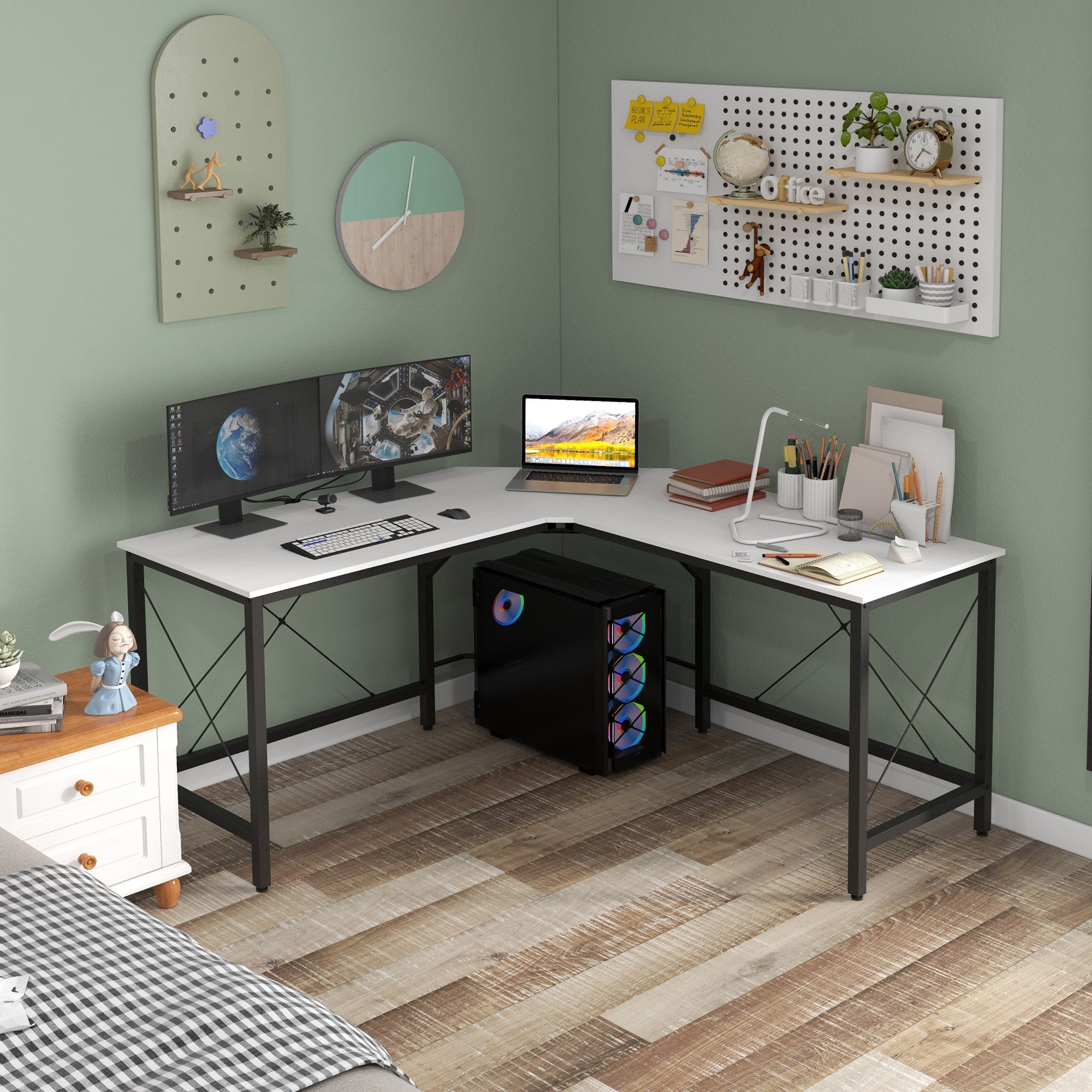 L-Shaped Desk Modern Corner Desk with Steel Frame Supports 70 kg for Office Home Study 150x150x76 cm White