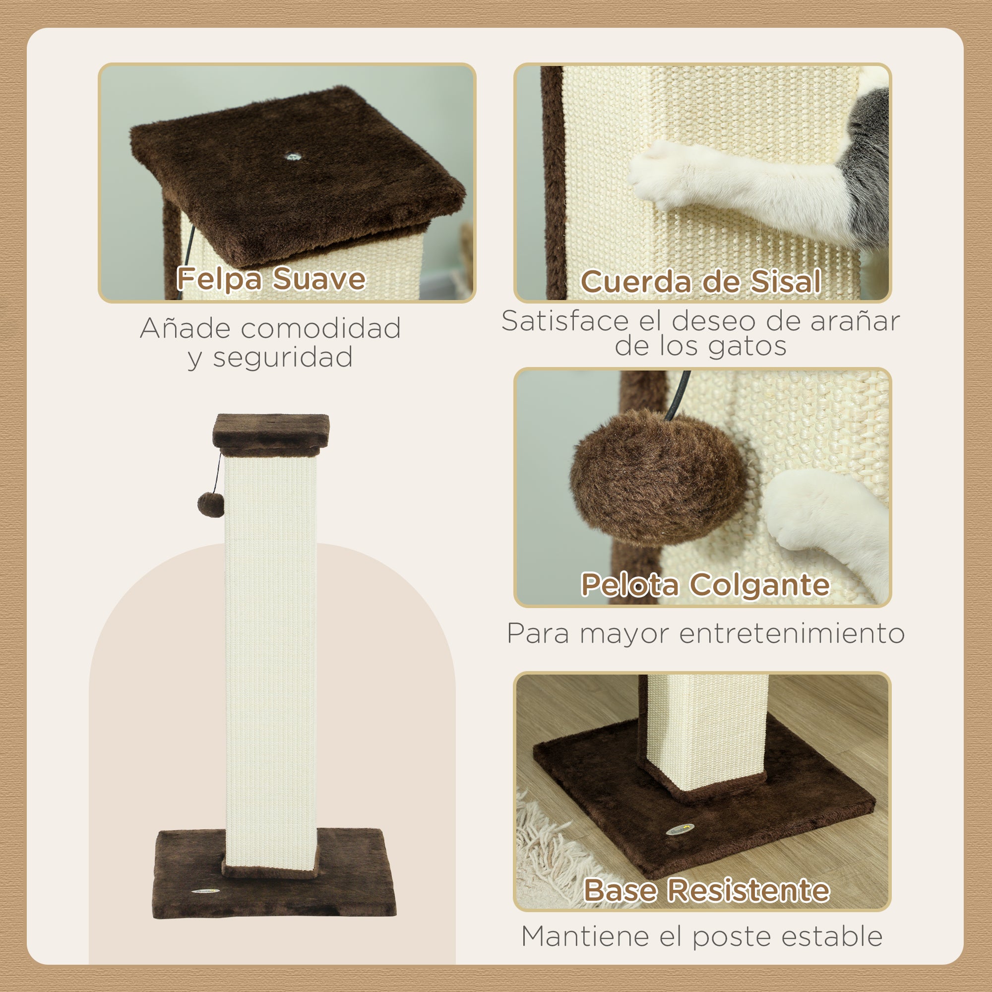 Cat Scratching Post Height 81 cm Cat Scratcher with Sisal Post and Hanging Ball 41x41x81 cm Brown