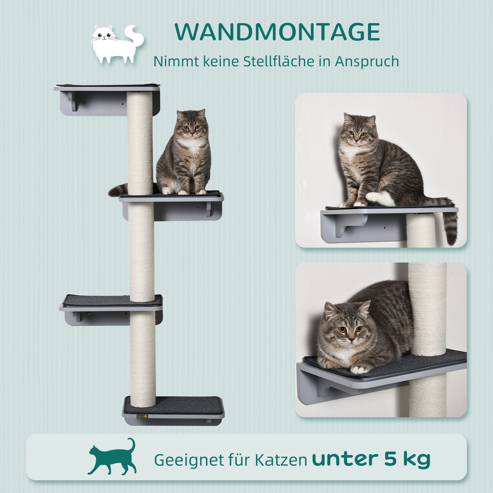 Wall-Mounted Cat Tree Cat Climbing Wall Scratching Post Cat Furniture for Wall Climbing Fun for Cats Wall Mount Wood Light Gray+Beige 66 x 28 x 137 cm