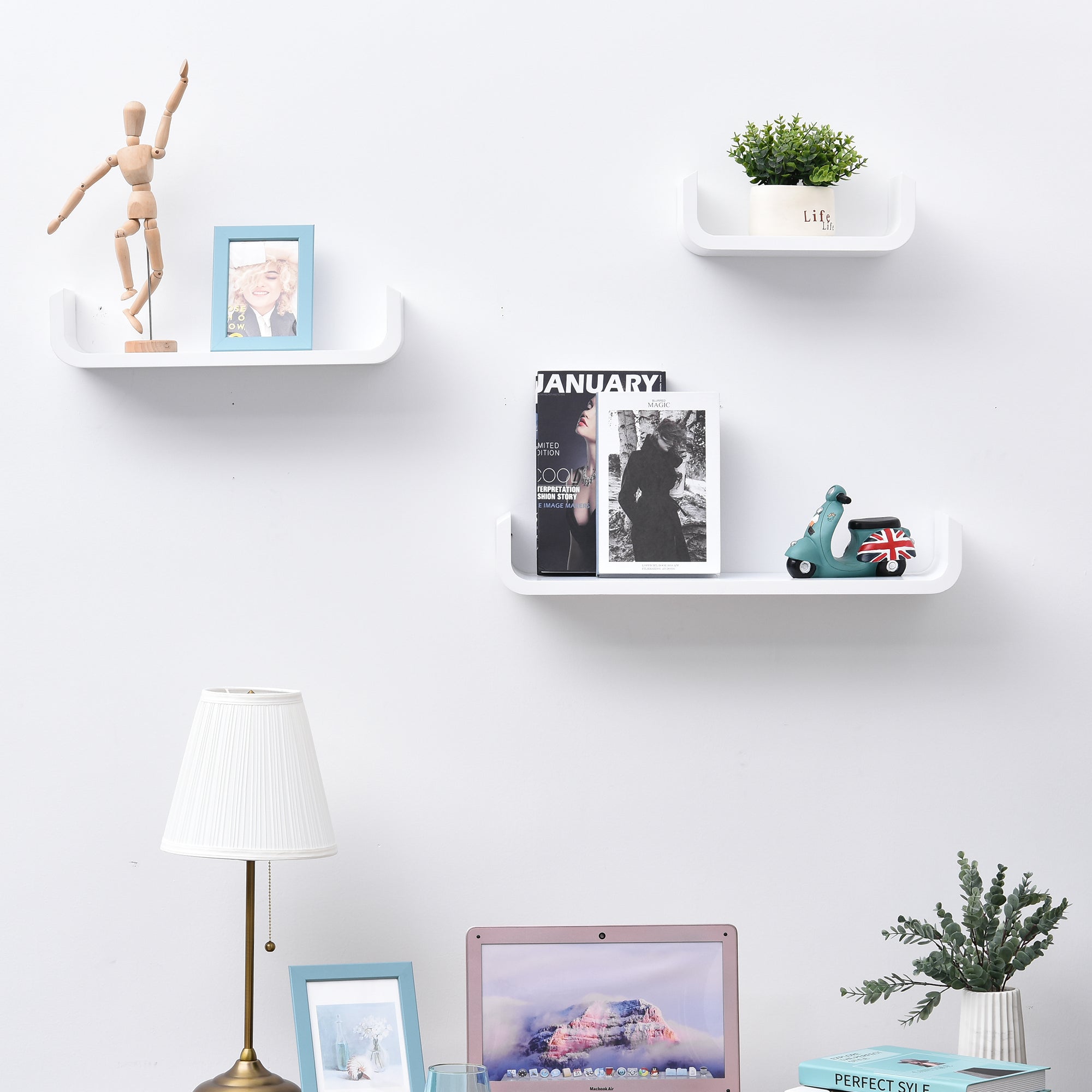 Set of 3 Floating Shelves 60/45/30x15x10 cm Wall Shelves Wood Book Storage Photo Display Decor for Living Room Hallway Bedroom White