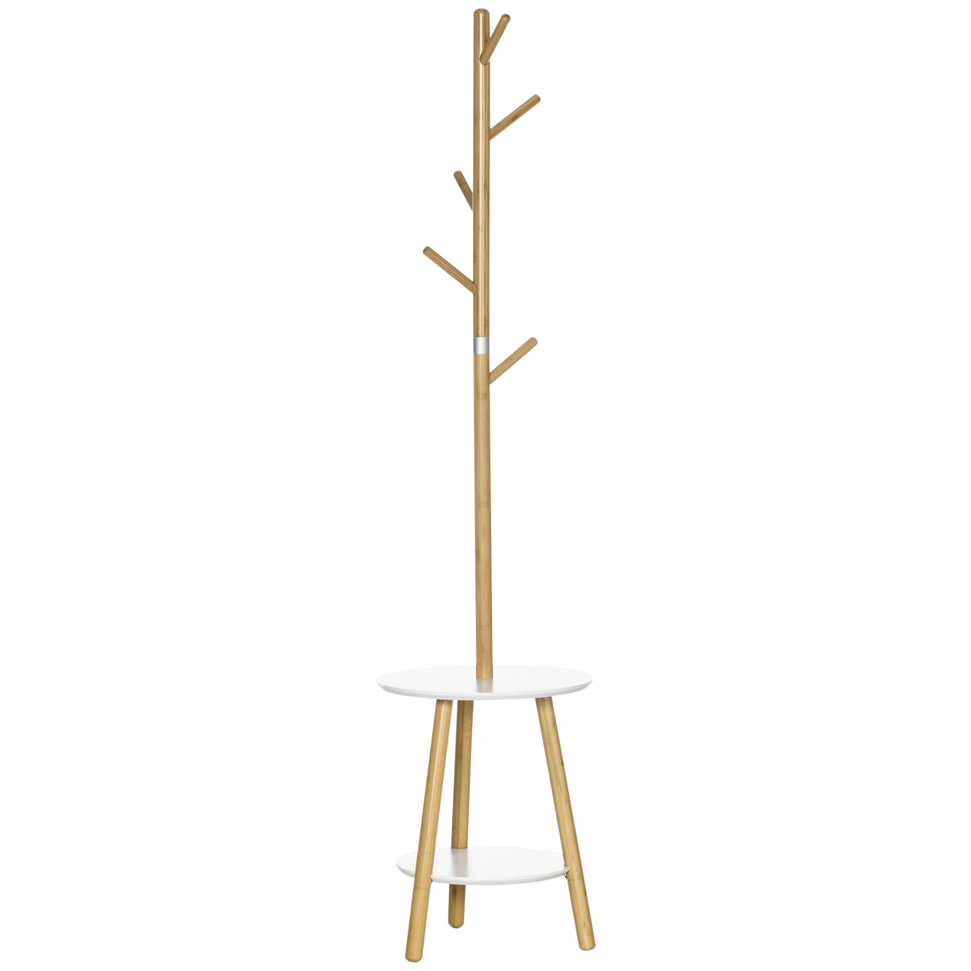 2-in-1 Bamboo Coat Stand Tree with 2 Shelves 5 Hooks for Clothes Bags and Aluminum Frame for Entryway Bedroom 39.5x39.5x171 cm Natural