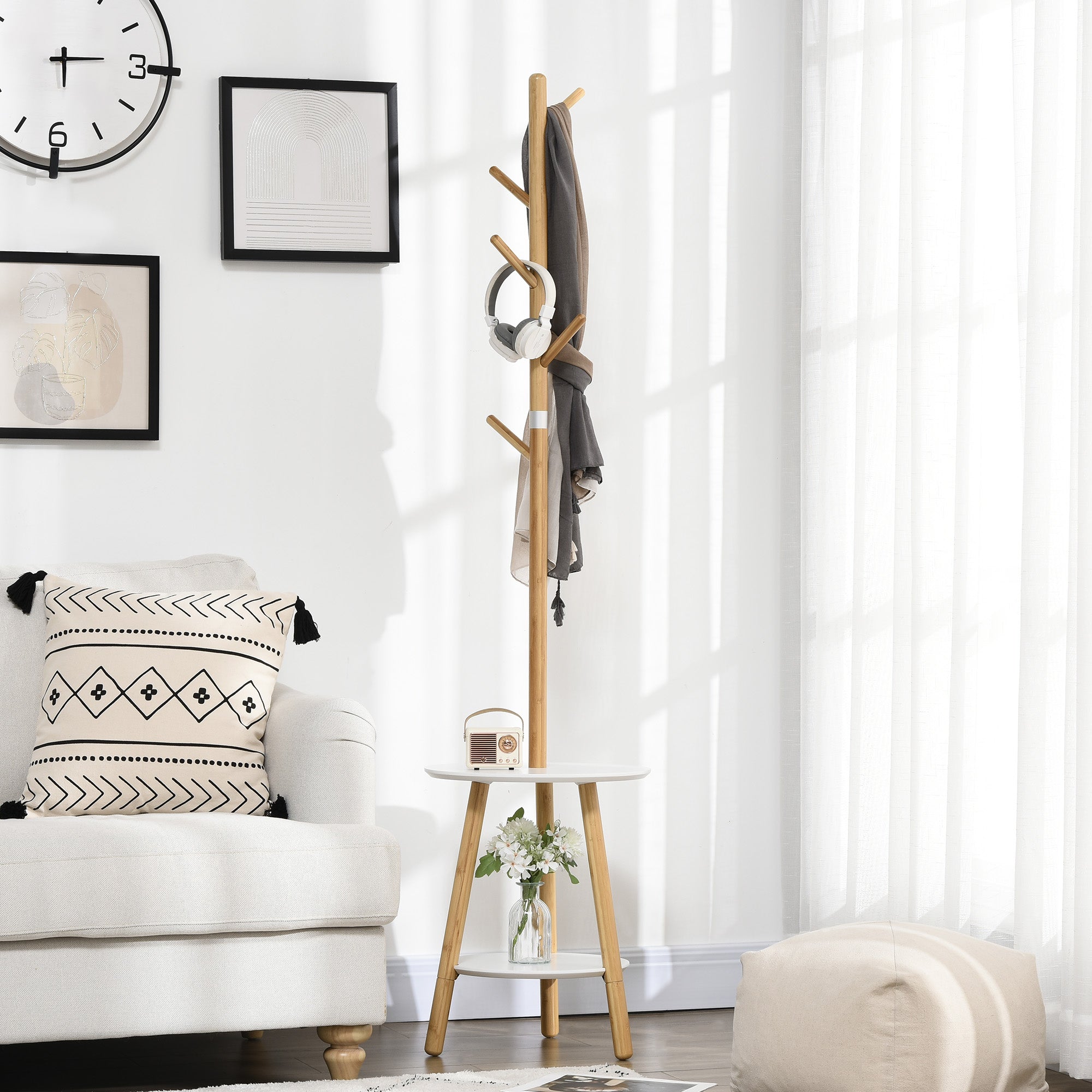 2-in-1 Bamboo Coat Stand Tree with 2 Shelves 5 Hooks for Clothes Bags and Aluminum Frame for Entryway Bedroom 39.5x39.5x171 cm Natural