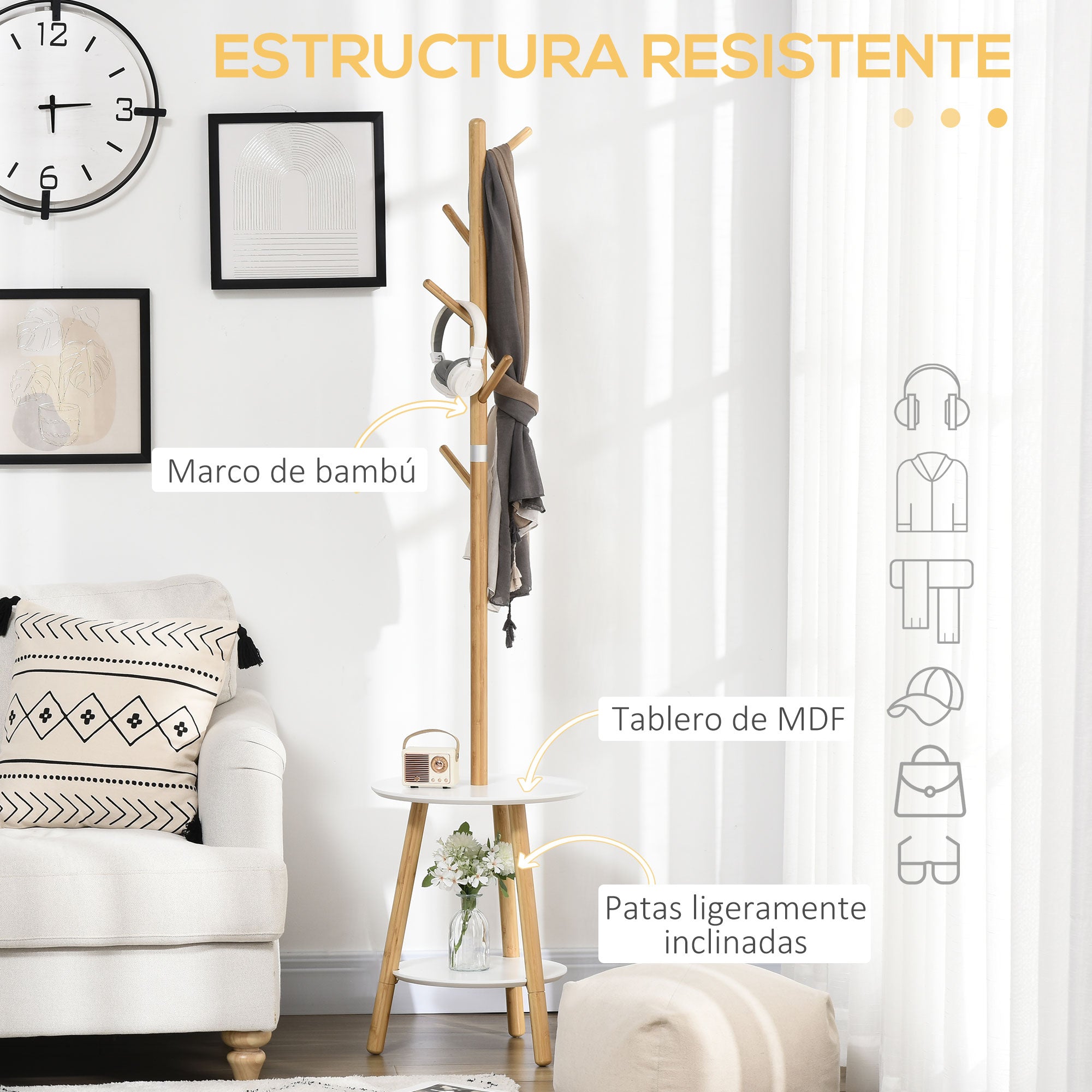 2-in-1 Bamboo Coat Stand Tree with 2 Shelves 5 Hooks for Clothes Bags and Aluminum Frame for Entryway Bedroom 39.5x39.5x171 cm Natural