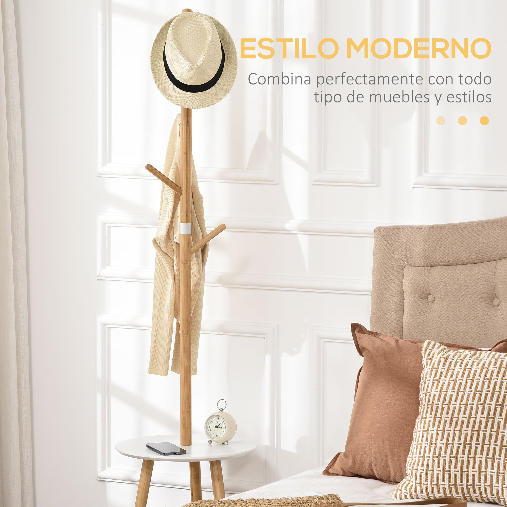 2-in-1 Bamboo Coat Stand Tree with 2 Shelves 5 Hooks for Clothes Bags and Aluminum Frame for Entryway Bedroom 39.5x39.5x171 cm Natural