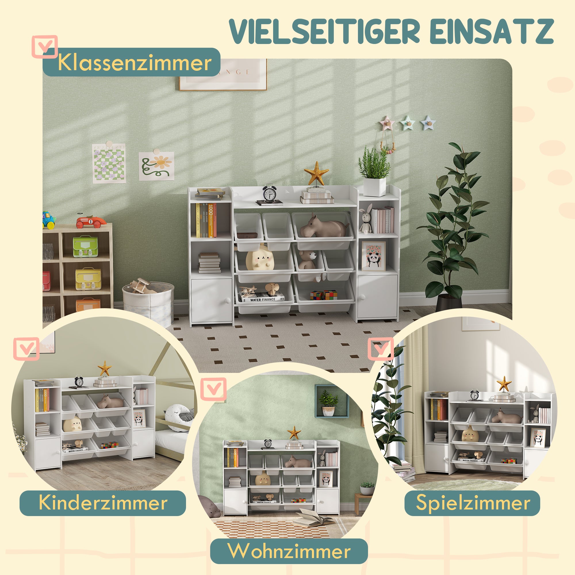 Children's Shelf Toy Shelf with 8 Removable Boxes, 4 Open Compartments, 2 Cupboard Compartment, Children's Bookshelf for Kids Room, Kindergarten, 140 x 30 x 90 cm, White