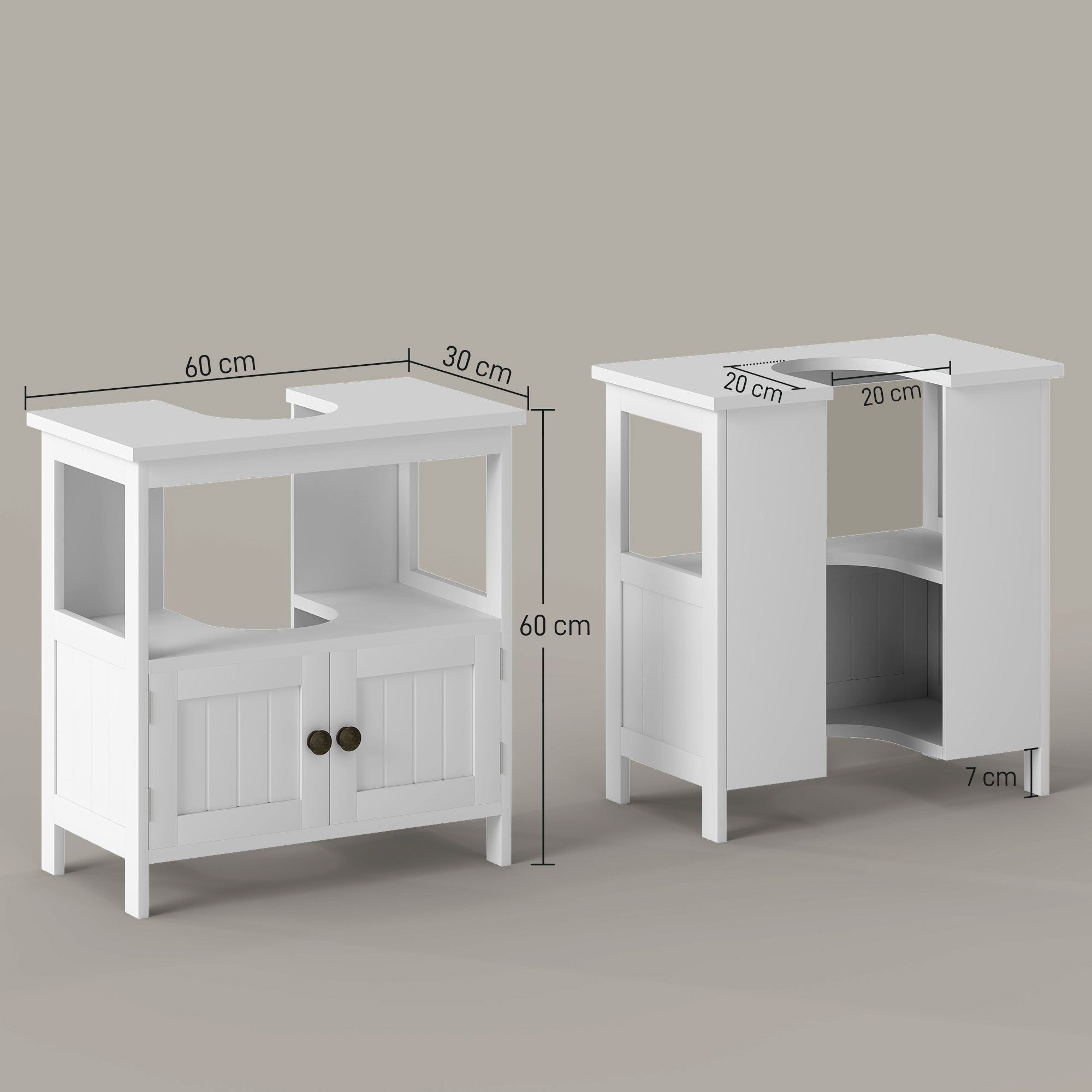 Under Sink Cabinet with 2 Doors and Open Shelf Modern Design Load Capacity 30 kg 60x30x60 cm White