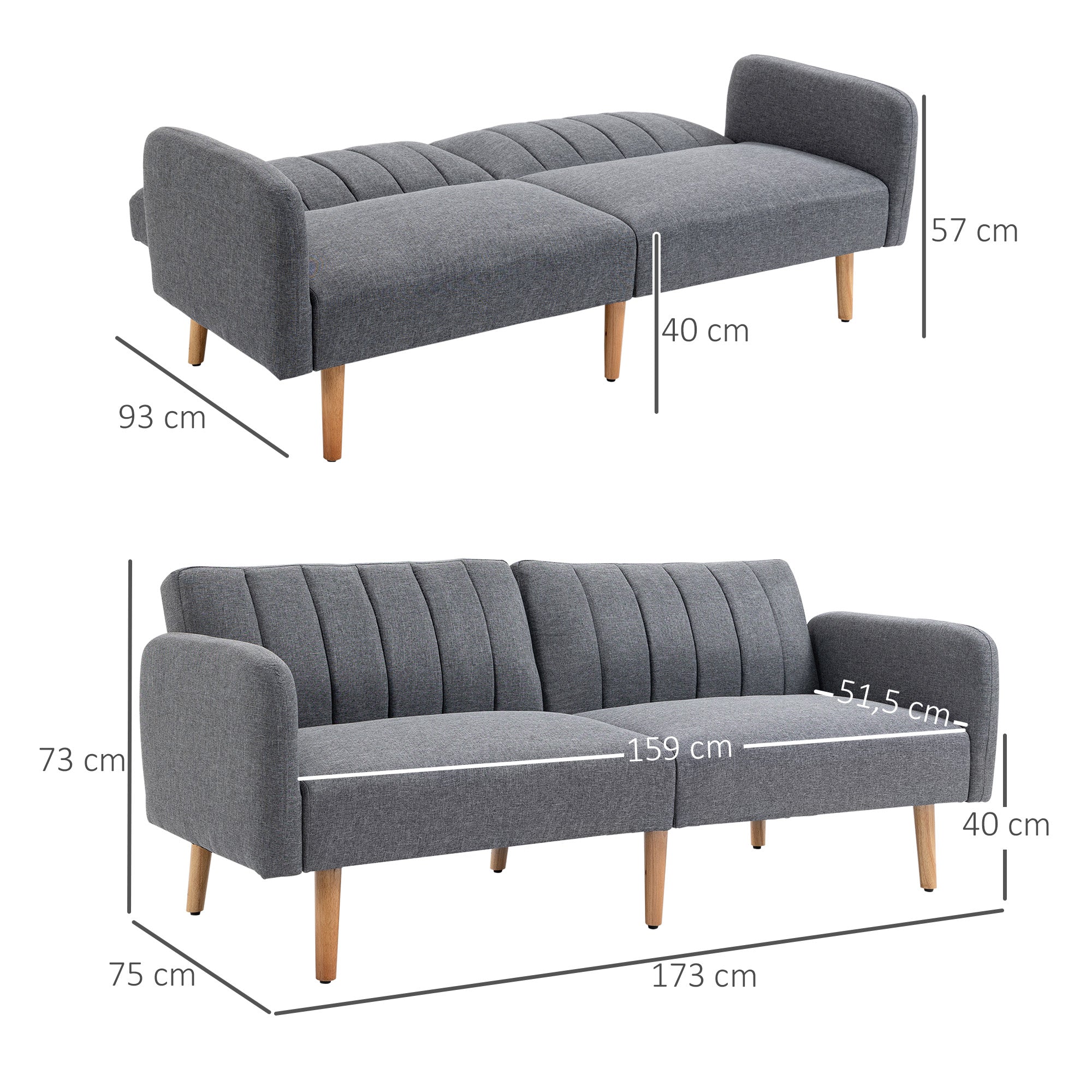 Sleeper Sofa, 2 Seater Sofa with Sleeper Function, Adjustable Backrest, Thickly Padded Couch, Armrest, Daybed with Wood Legs for Living Room, Guest Room, 173 x 75 x 73 cm, Gray