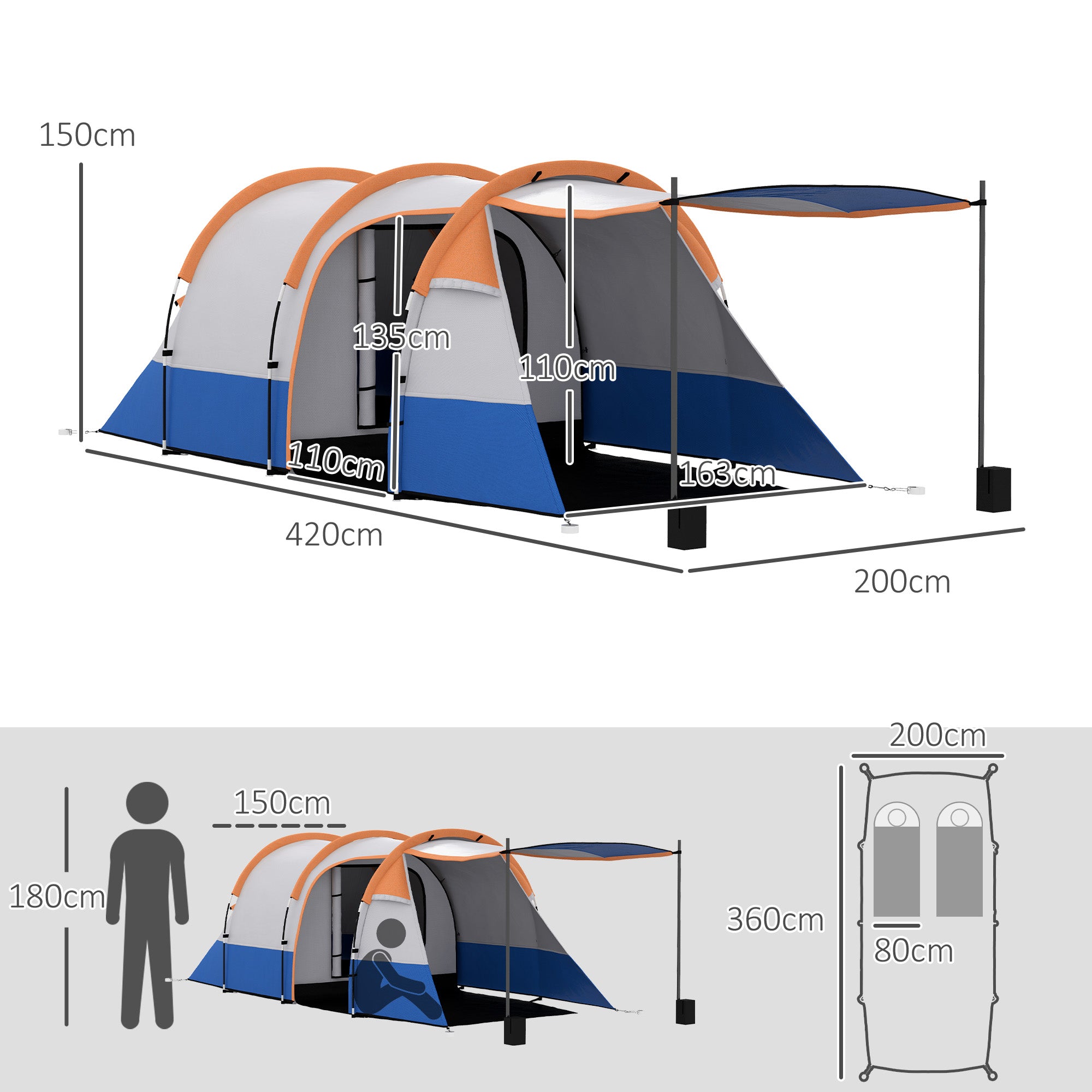 Camping Tent, Tunnel Tent for 3 Persons, with Light Hook, Vestibule, 2 Rooms, Windproof Family Tent with Carrying Bag, 2000mm Water Resistant Pop Up Tent for Camping, Garden, Orange