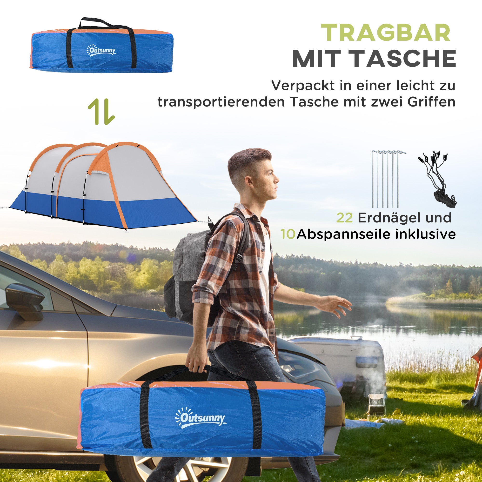 Camping Tent, Tunnel Tent for 3 Persons, with Light Hook, Vestibule, 2 Rooms, Windproof Family Tent with Carrying Bag, 2000mm Water Resistant Pop Up Tent for Camping, Garden, Orange
