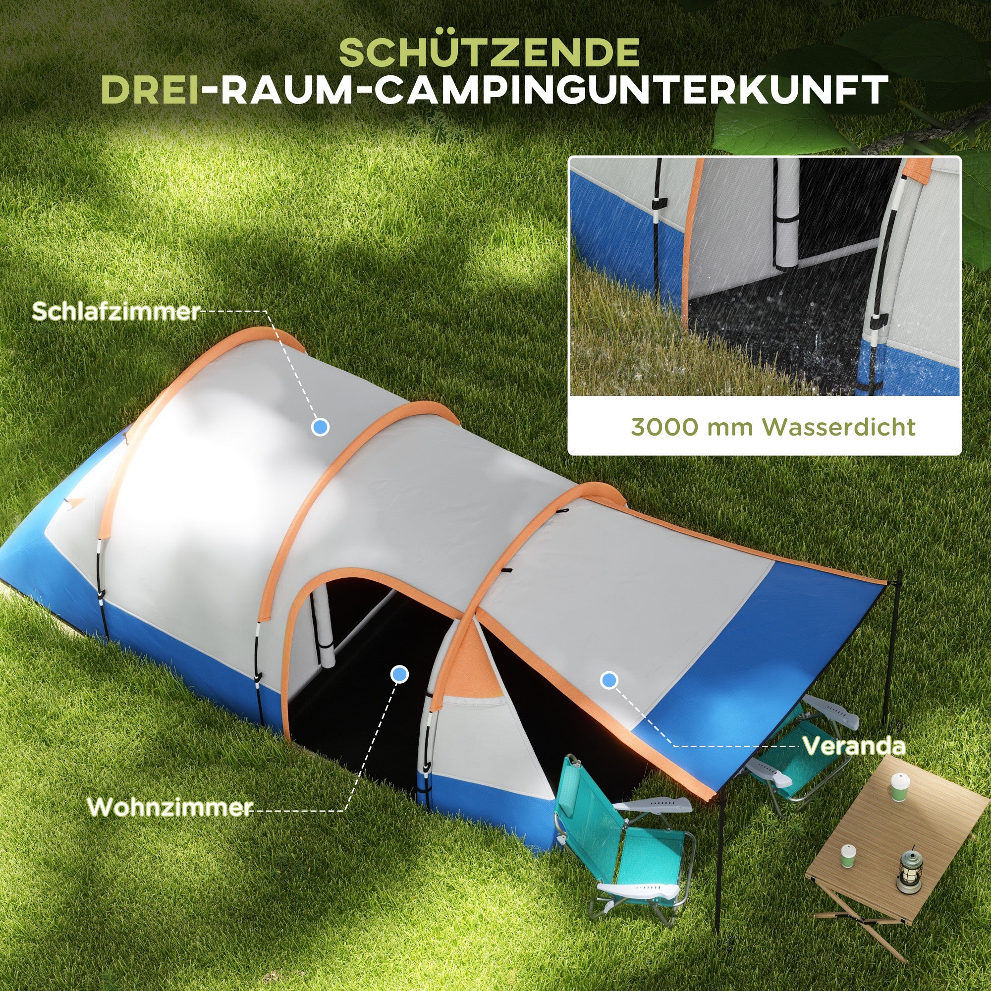 Camping Tent, Tunnel Tent for 3 Persons, with Light Hook, Vestibule, 2 Rooms, Windproof Family Tent with Carrying Bag, 2000mm Water Resistant Pop Up Tent for Camping, Garden, Orange