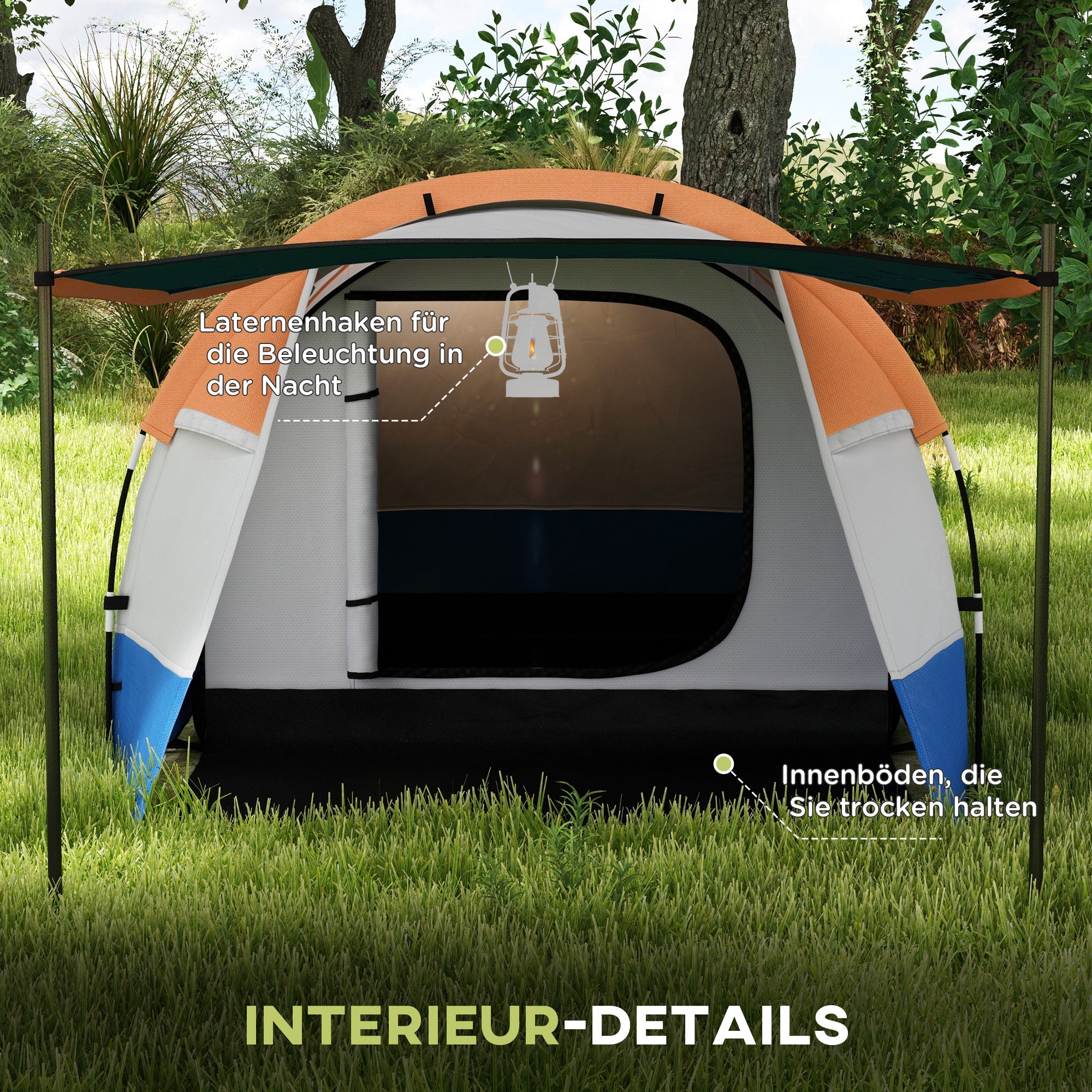 Camping Tent, Tunnel Tent for 3 Persons, with Light Hook, Vestibule, 2 Rooms, Windproof Family Tent with Carrying Bag, 2000mm Water Resistant Pop Up Tent for Camping, Garden, Orange