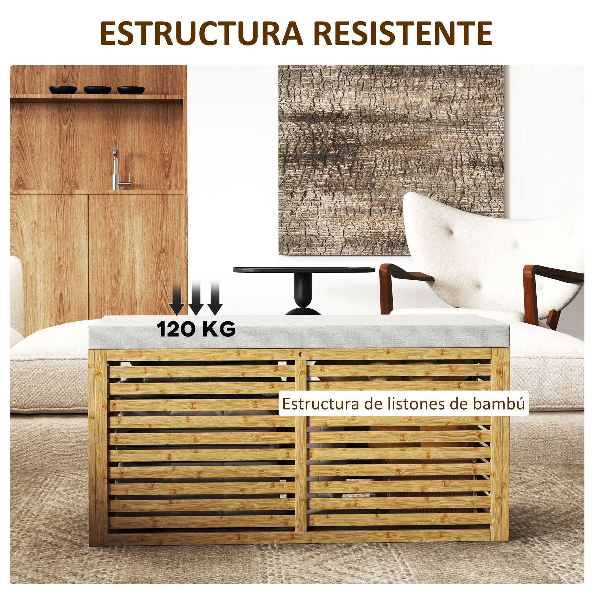 122L Bedroom Storage Ottoman Storage Bench Upholstered in Synthetic Linen with Bamboo Frame for Entryway Living Room 90x42x43 cm Gray and Natural