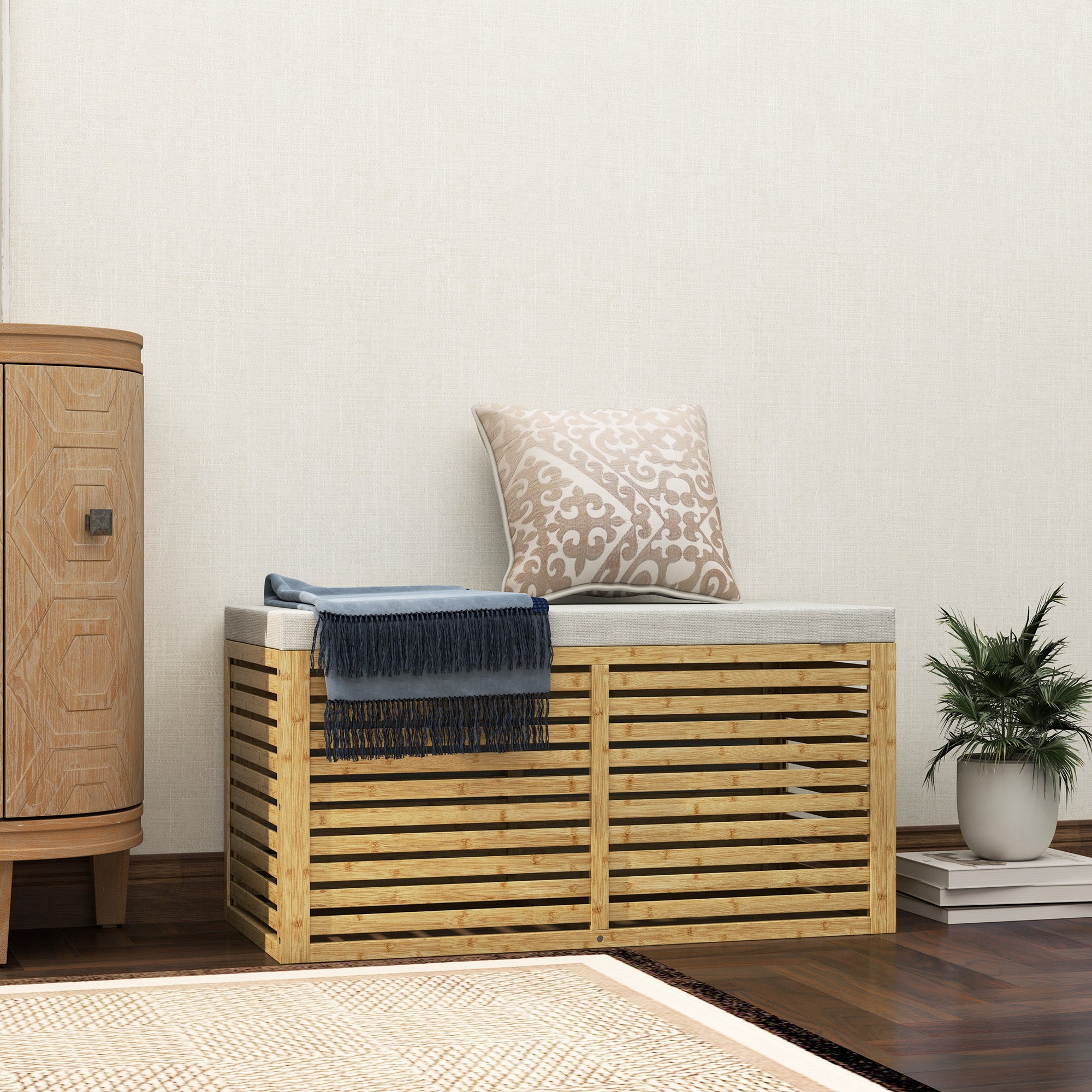 122L Bedroom Storage Ottoman Storage Bench Upholstered in Synthetic Linen with Bamboo Frame for Entryway Living Room 90x42x43 cm Gray and Natural