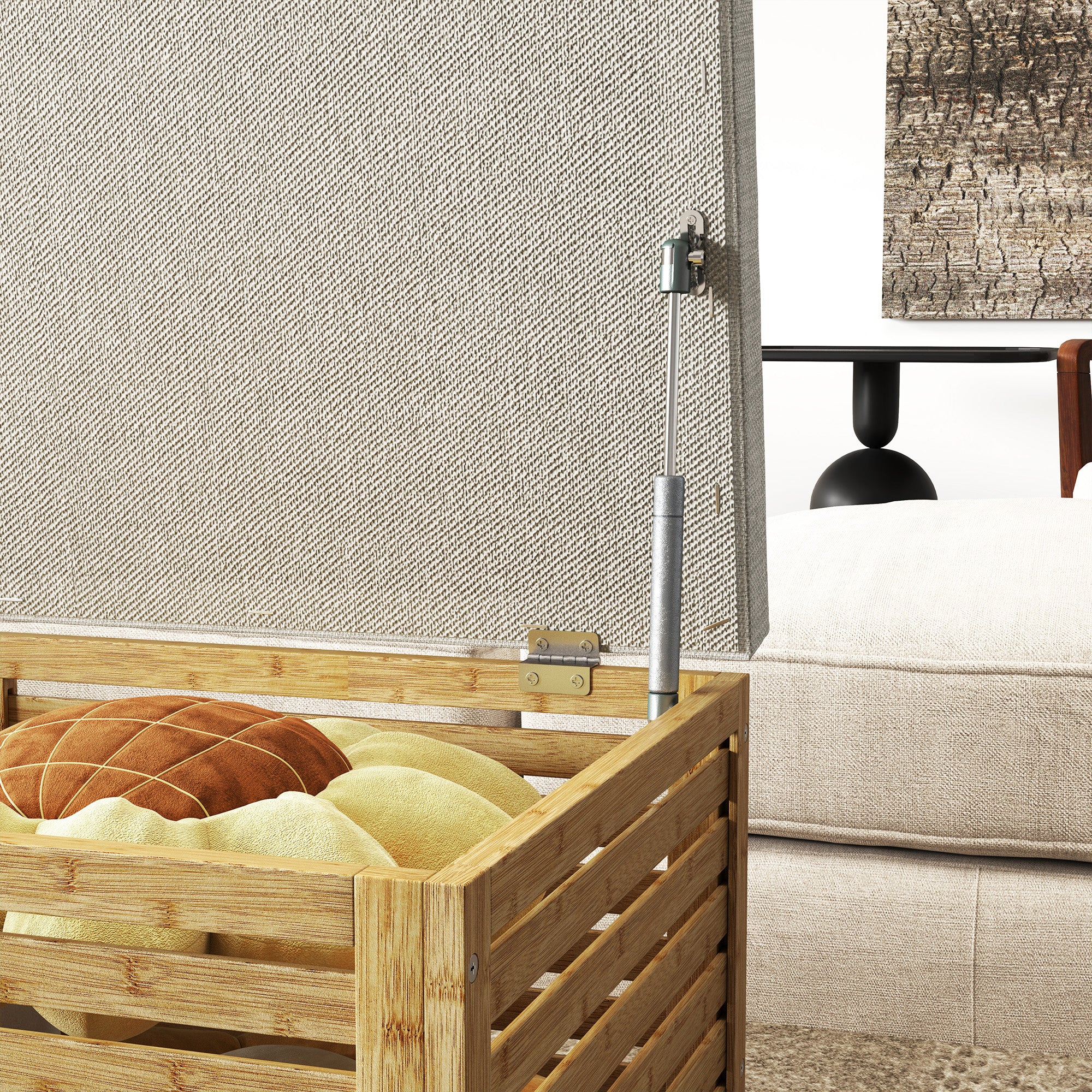 122L Bedroom Storage Ottoman Storage Bench Upholstered in Synthetic Linen with Bamboo Frame for Entryway Living Room 90x42x43 cm Gray and Natural