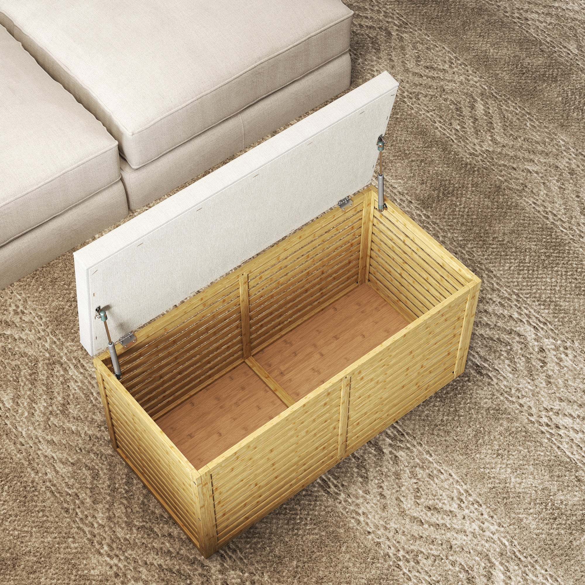 122L Bedroom Storage Ottoman Storage Bench Upholstered in Synthetic Linen with Bamboo Frame for Entryway Living Room 90x42x43 cm Gray and Natural