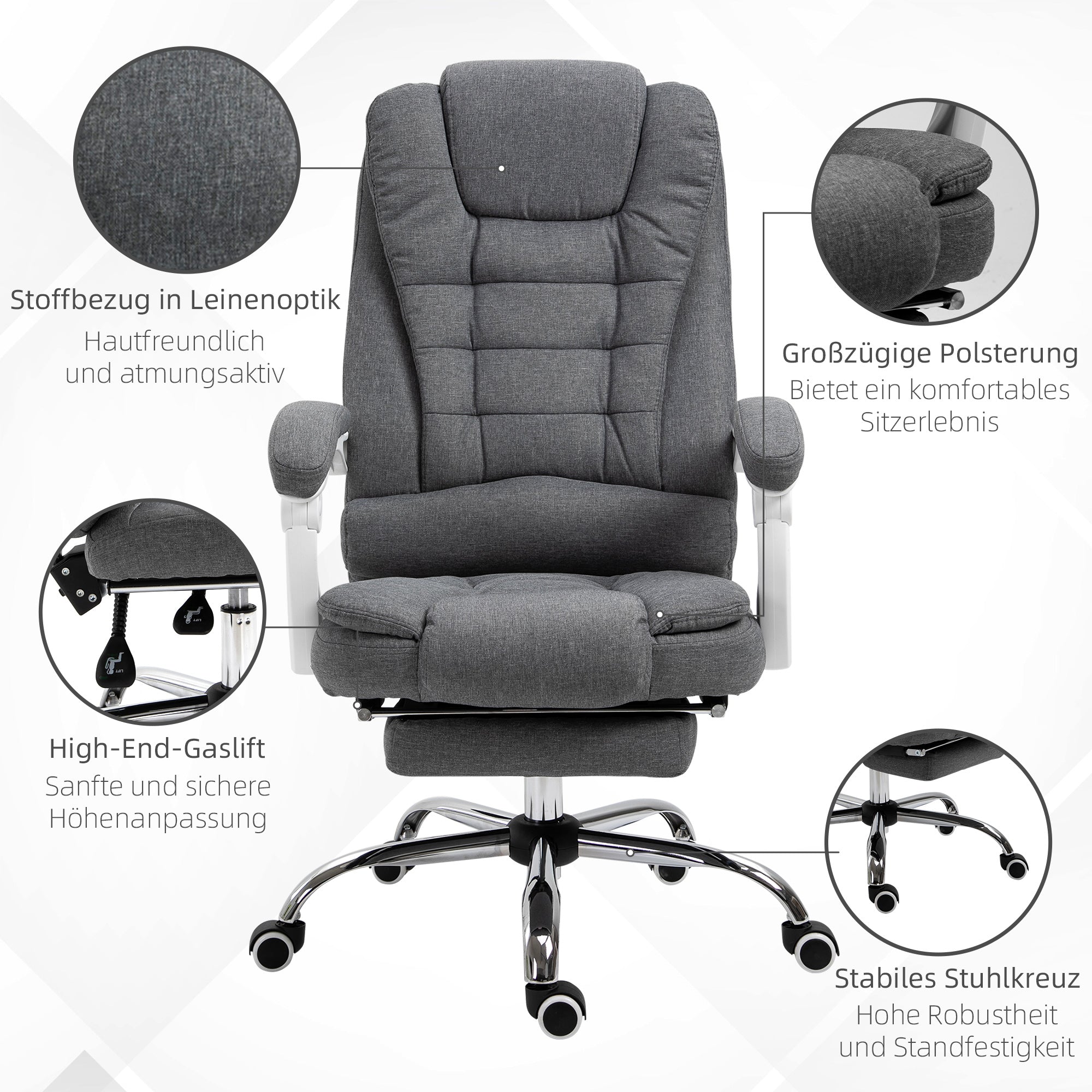 Office Chair Ergonomic Desk Chair with Armrest, Footrest, Height Adjustable Swivel Chair with Linen Look, Padded Computer Chair, Gray