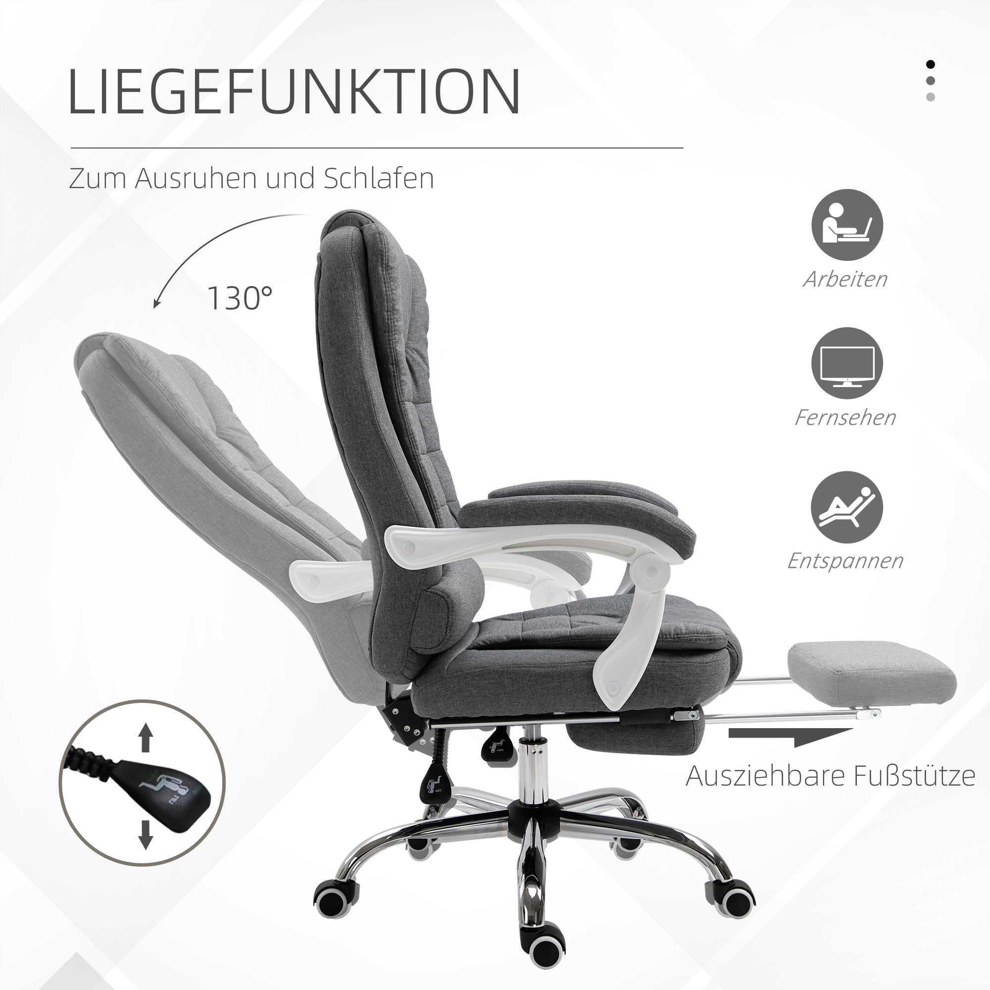 Office Chair Ergonomic Desk Chair with Armrest, Footrest, Height Adjustable Swivel Chair with Linen Look, Padded Computer Chair, Gray