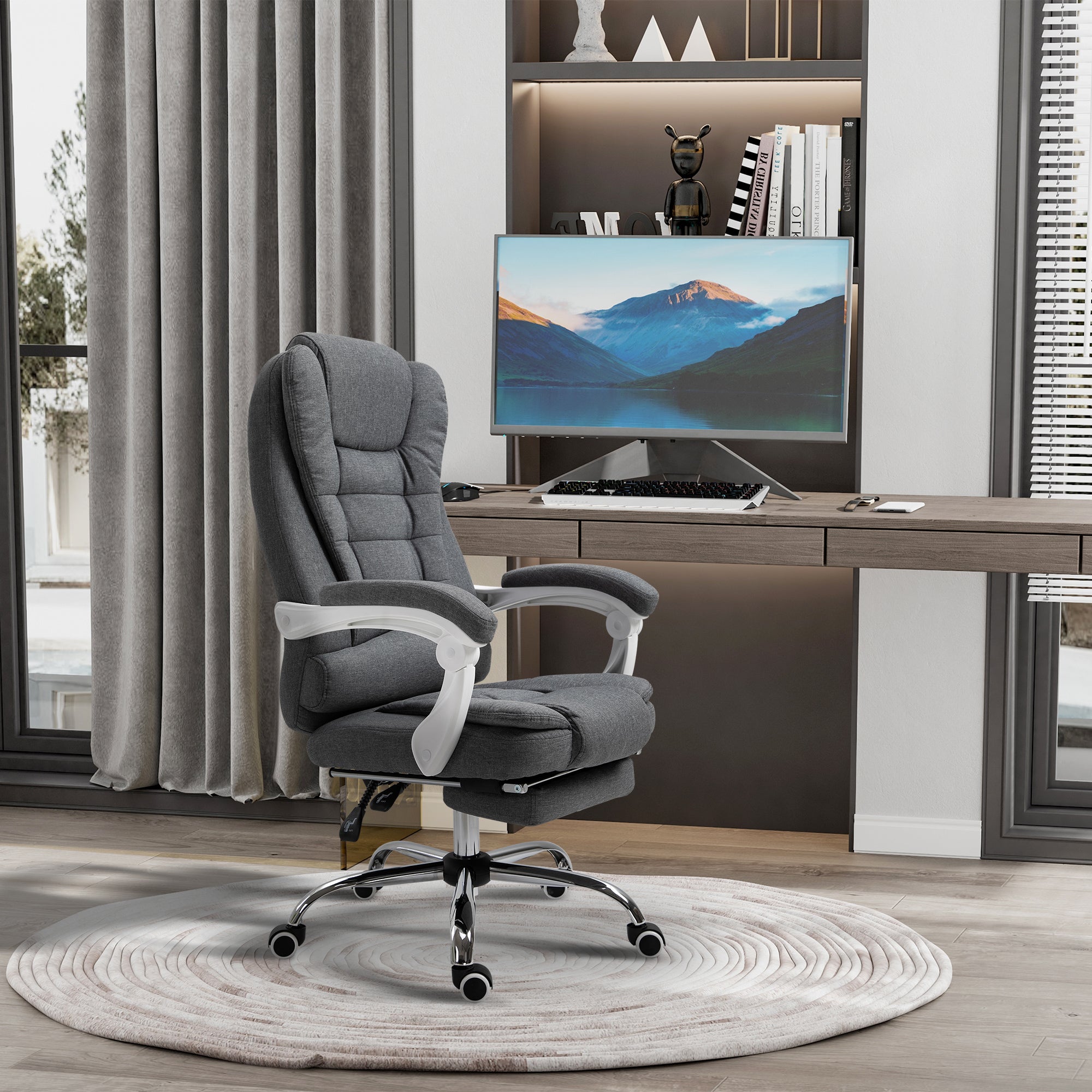 Office Chair Ergonomic Desk Chair with Armrest, Footrest, Height Adjustable Swivel Chair with Linen Look, Padded Computer Chair, Gray