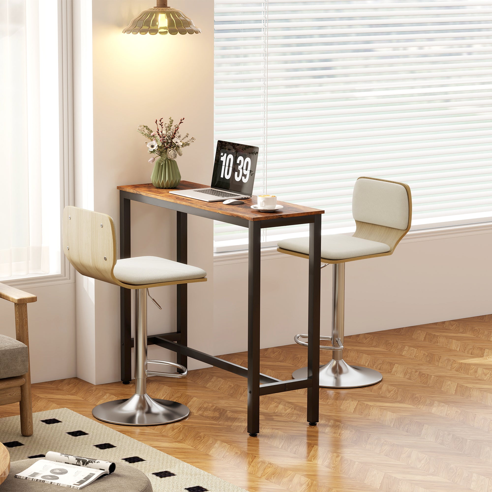Set of 2 360° Swivel Kitchen Bar Stools, Height-Adjustable 31.9–40.2 in, Linen Upholstery, Beige